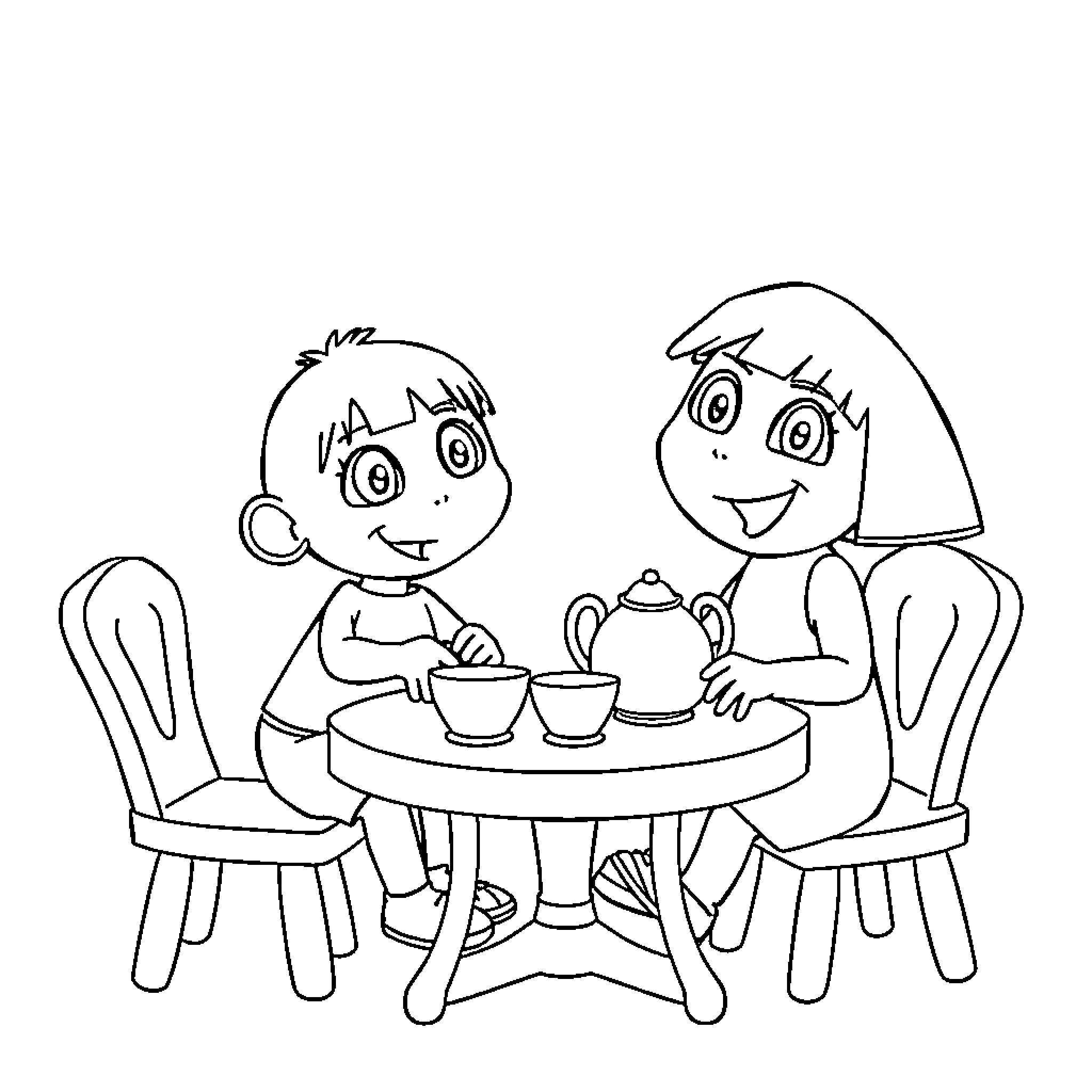 Bluey and Bingo Enjoying Tea Time Together Coloring Page (free black-and-white line drawing printable PDF for all, from beginners to advanced learners, including children, teens, adults, and seniors)