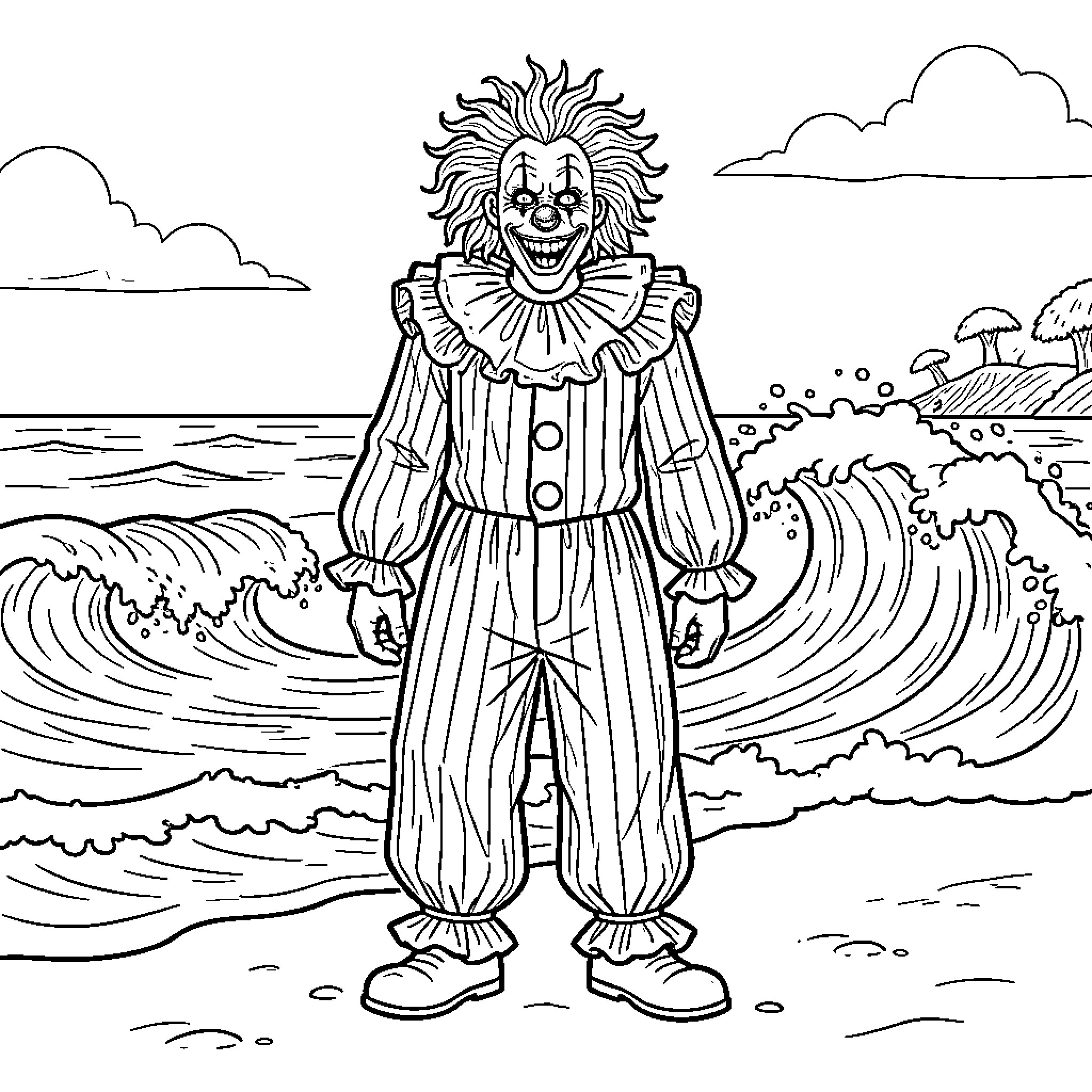 Art The Clown smiling menacingly on a beach Coloring Page (free black-and-white line drawing printable PDF for all, from beginners to advanced learners, including children, teens, adults, and seniors)