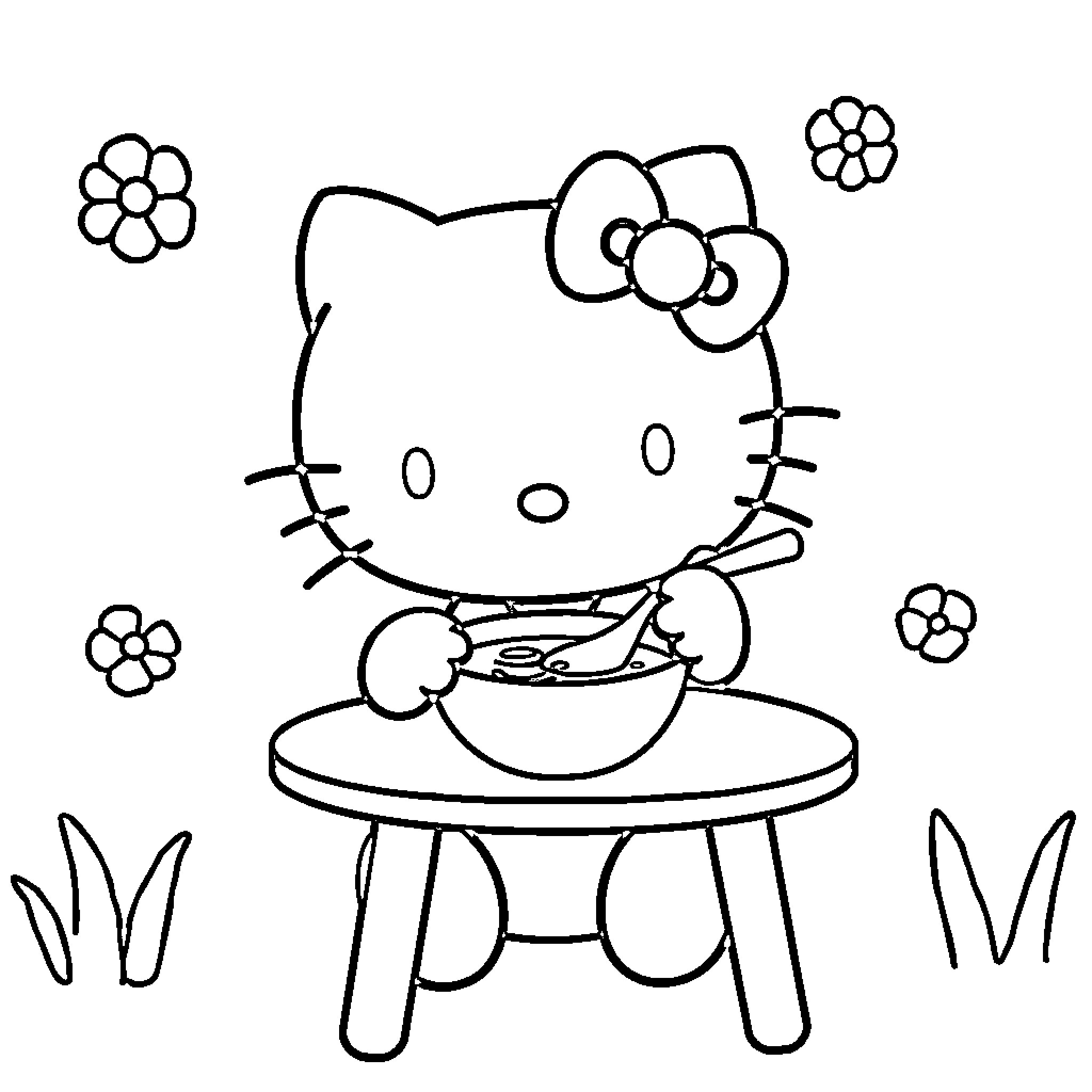 Hello Kitty enjoying a meal at the table Coloring Page (free black-and-white line drawing printable PDF for all, from beginners to advanced learners, including children, teens, adults, and seniors)