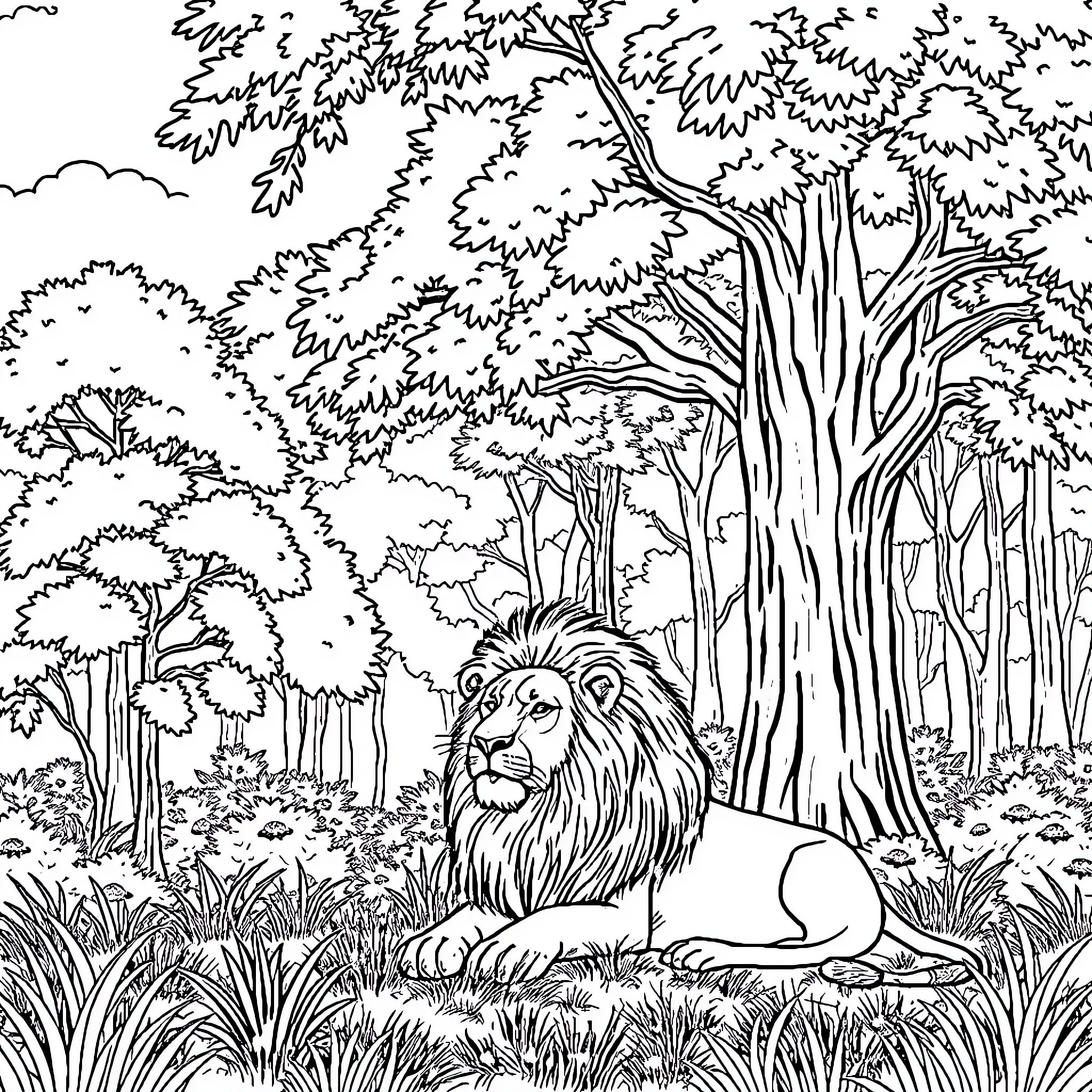 Lion resting in the lush forest Coloring Page (free black-and-white line drawing printable PDF for all, from beginners to advanced learners, including children, teens, adults, and seniors)