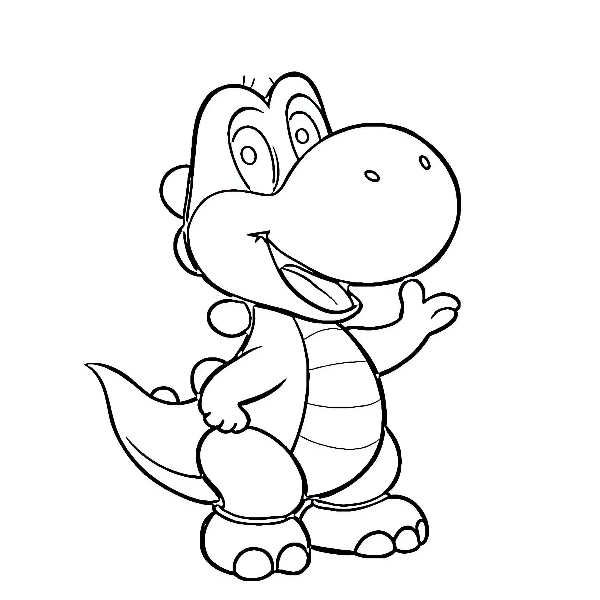 Yoshi waving and smiling cheerfully Coloring Page (free black-and-white line drawing printable PDF for all, from beginners to advanced learners, including children, teens, adults, and seniors)