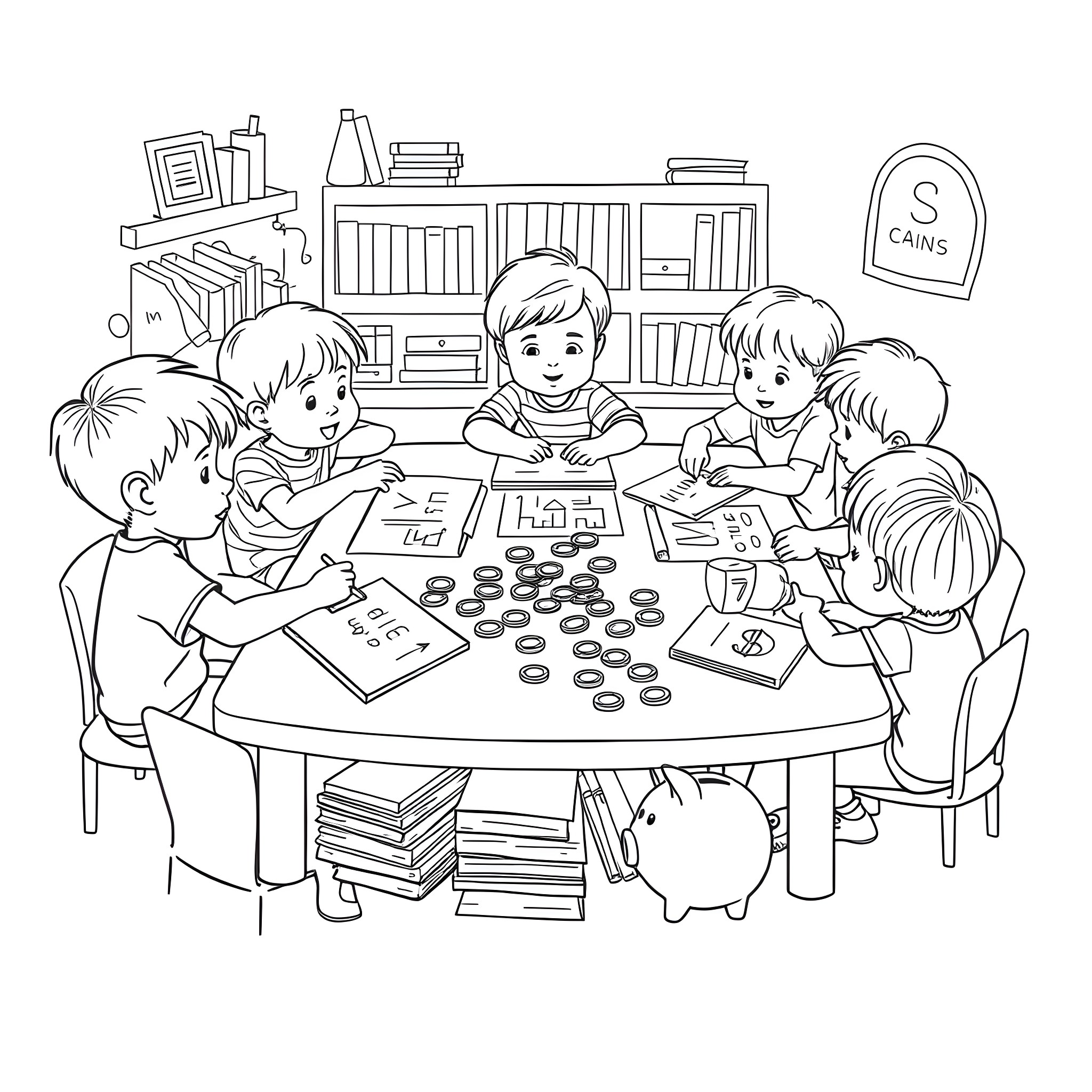 Finance team discussing financial plans and strategies Coloring Page (free black-and-white line drawing printable PDF for all, from beginners to advanced learners, including children, teens, adults, and seniors)