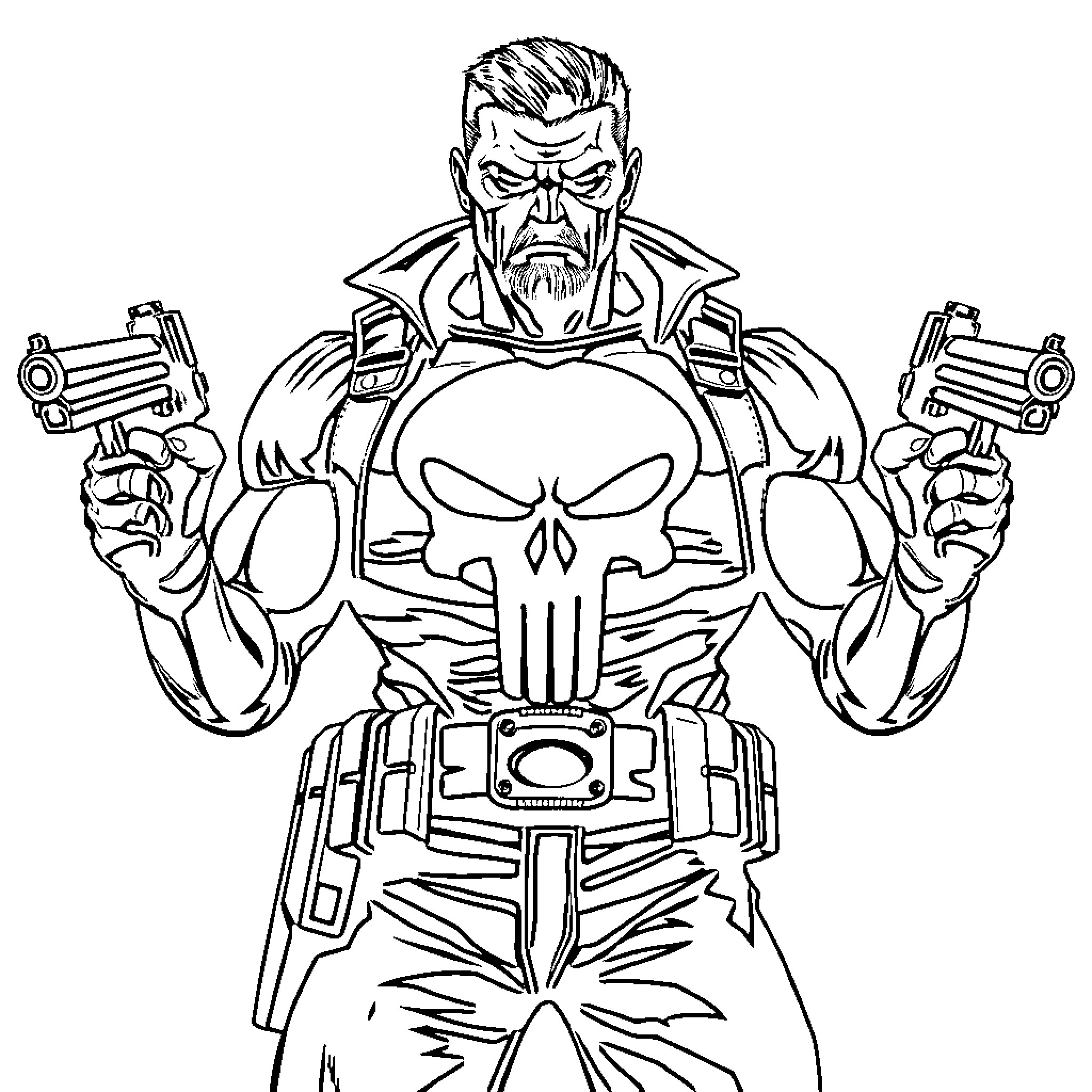 Punisher vigilante with intense expression wielding dual firearms Coloring Page (free black-and-white line drawing printable PDF for all, from beginners to advanced learners, including children, teens, adults, and seniors)