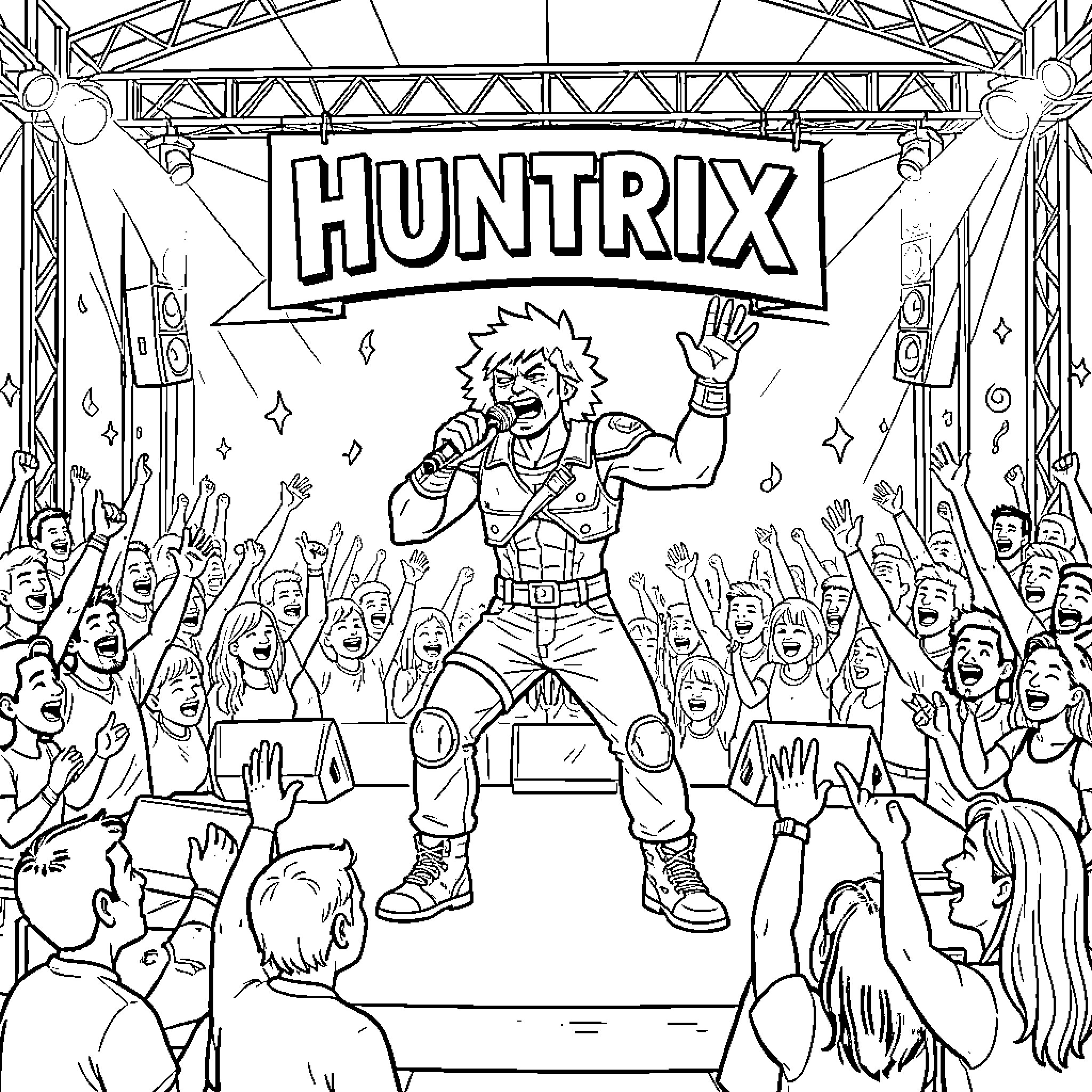 Huntrix Performs for an Excited Crowd Coloring Page (free black-and-white line drawing printable PDF for all, from beginners to advanced learners, including children, teens, adults, and seniors)
