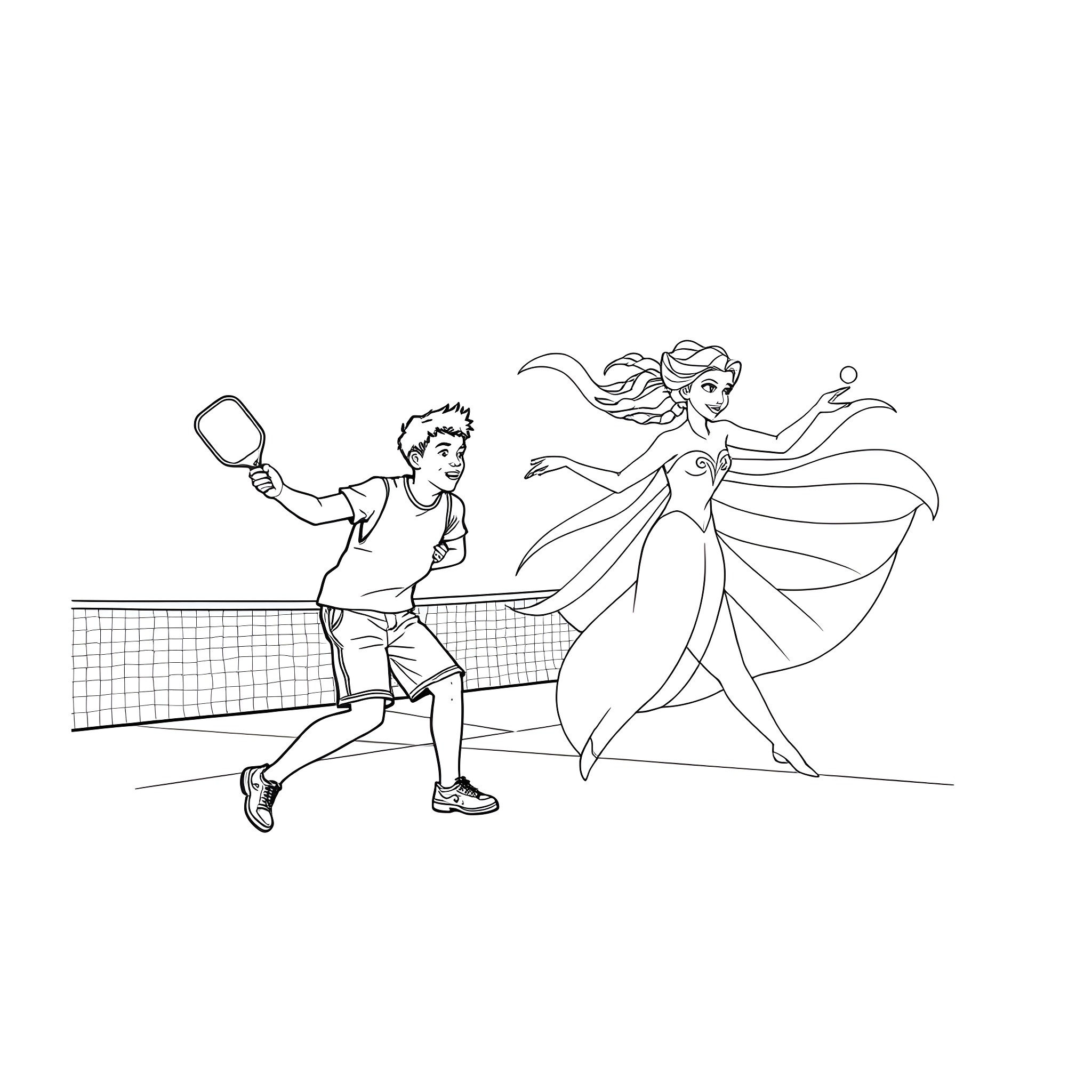 Jalen Brunson playing volleyball with a graceful dancer Coloring Page (free black-and-white line drawing printable PDF for all, from beginners to advanced learners, including children, teens, adults, and seniors)