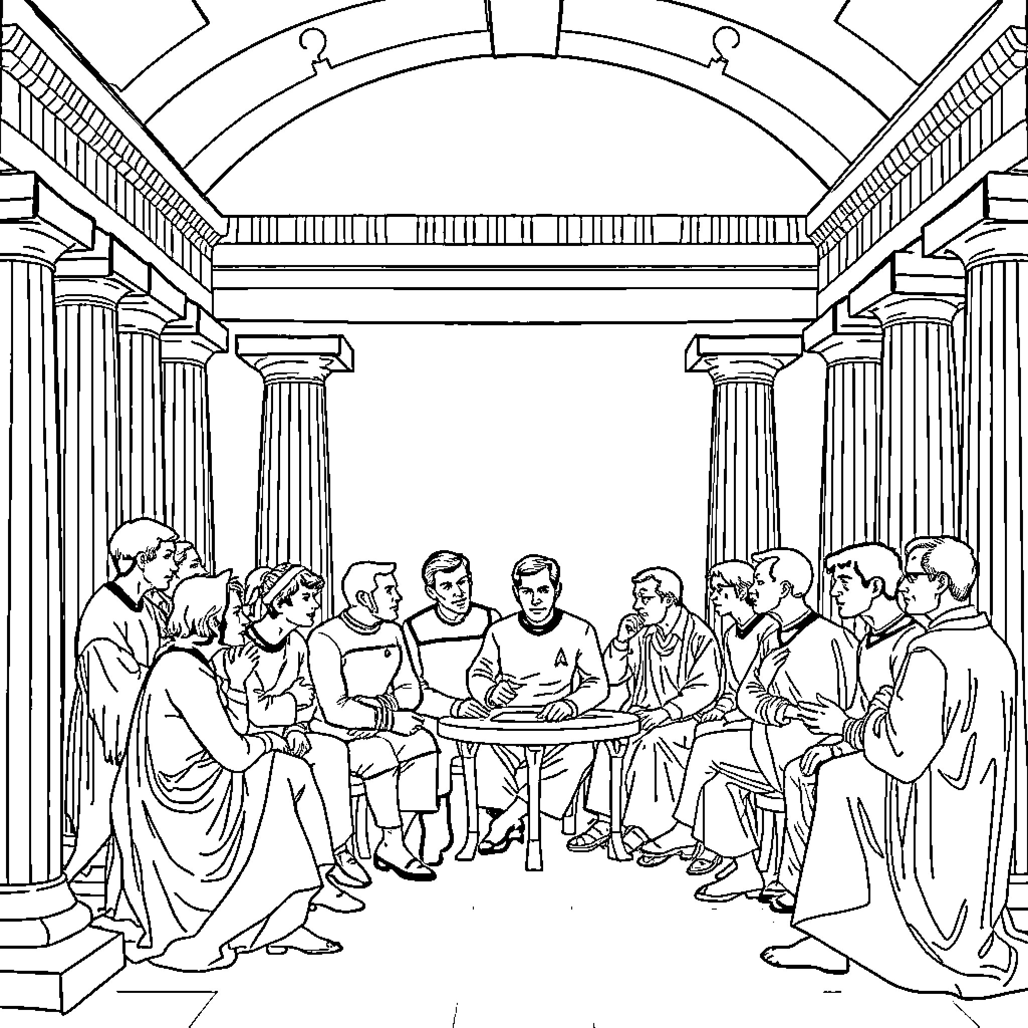 Star Trek Characters in a Meeting or Discussion Coloring Page (free black-and-white line drawing printable PDF for all, from beginners to advanced learners, including children, teens, adults, and seniors)