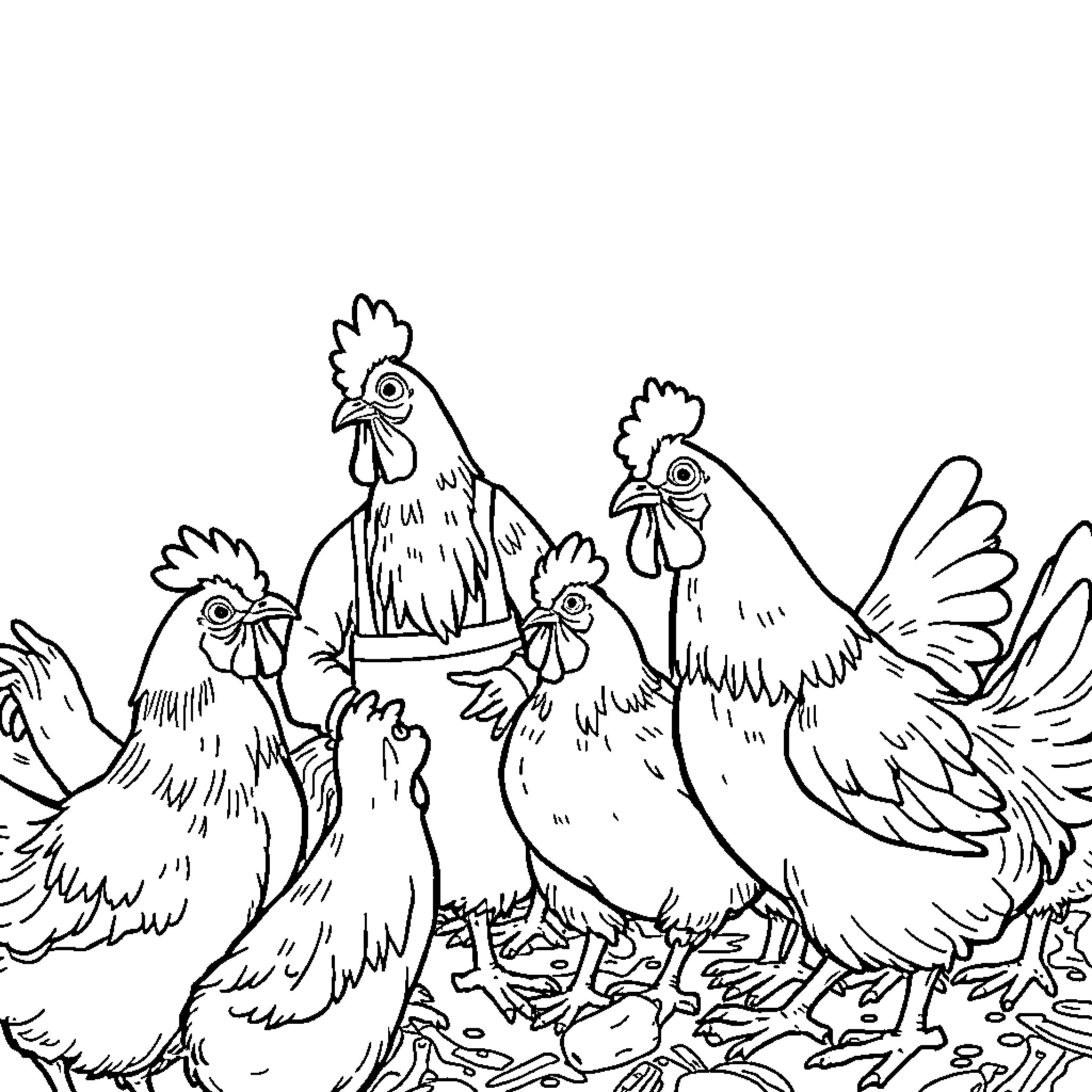 Chicken farm scene with several chickens Coloring Page (free black-and-white line drawing printable PDF for all, from beginners to advanced learners, including children, teens, adults, and seniors)