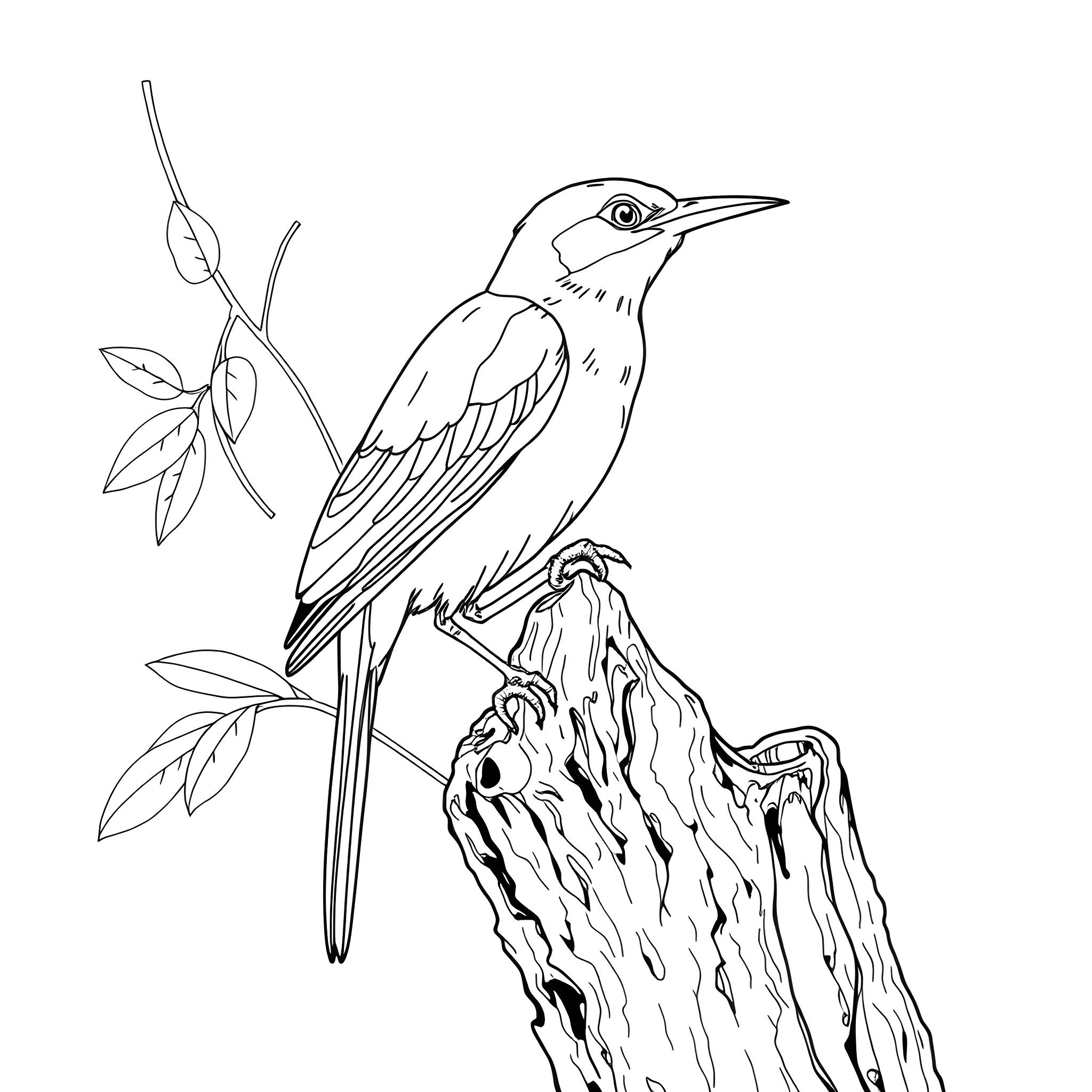 Chlorochrysa Phoenicotis perched on tree branch Coloring Page (free black-and-white line drawing printable PDF for all, from beginners to advanced learners, including children, teens, adults, and seniors)