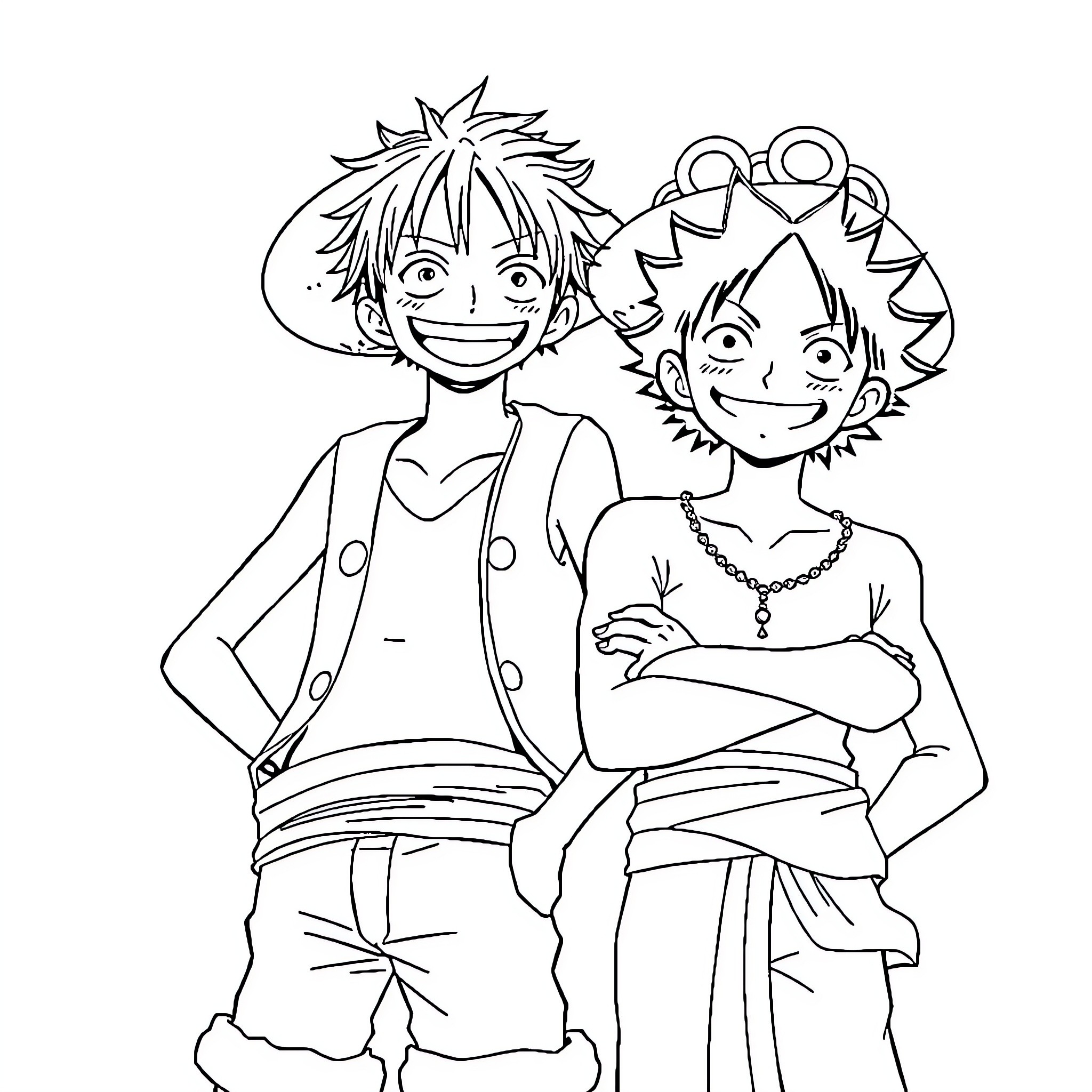 Luffy and Nami's Lively Adventure Coloring Page (free black-and-white line drawing printable PDF for all, from beginners to advanced learners, including children, teens, adults, and seniors)