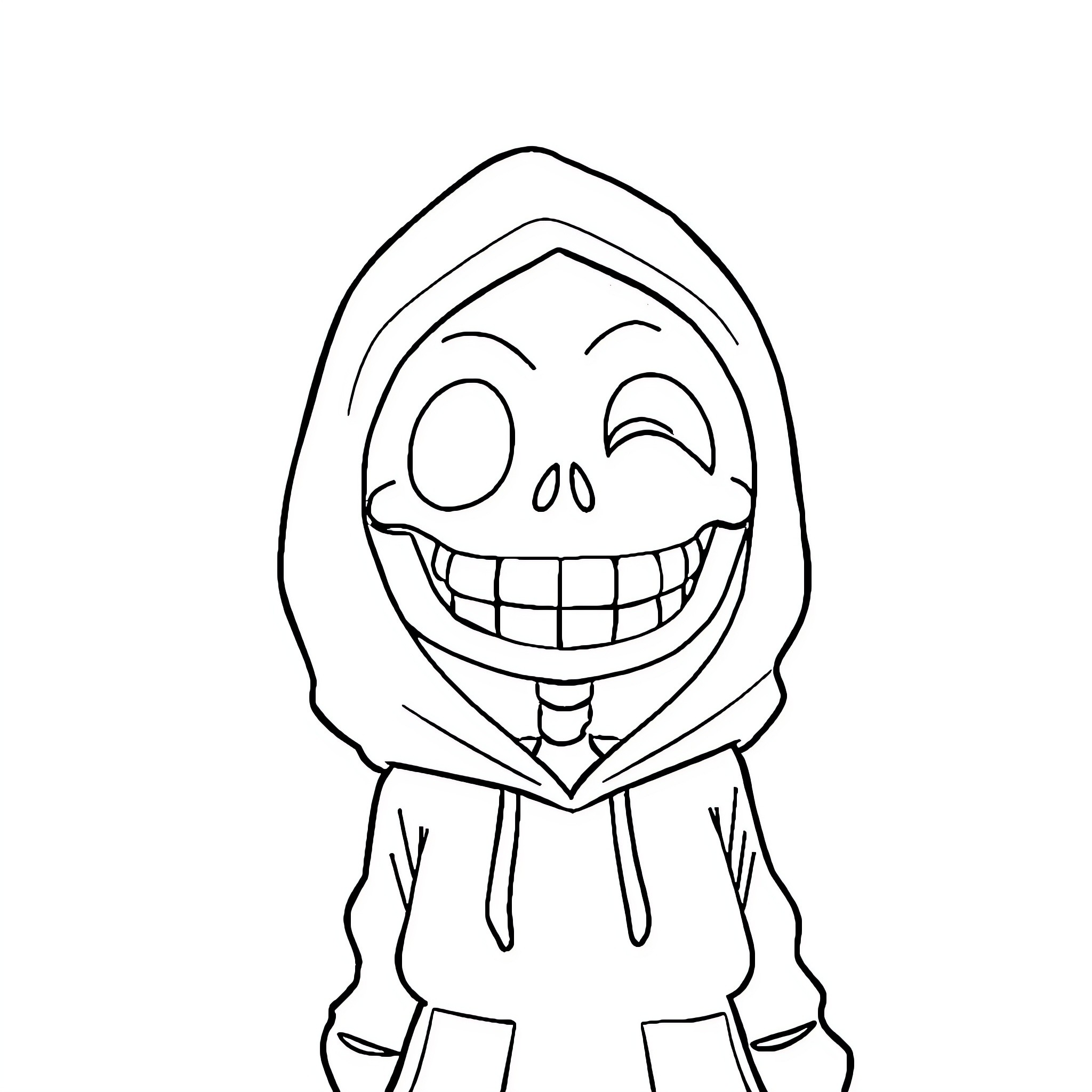 Sans spooky grinning character in hooded outfit Coloring Page (free black-and-white line drawing printable PDF for all, from beginners to advanced learners, including children, teens, adults, and seniors)