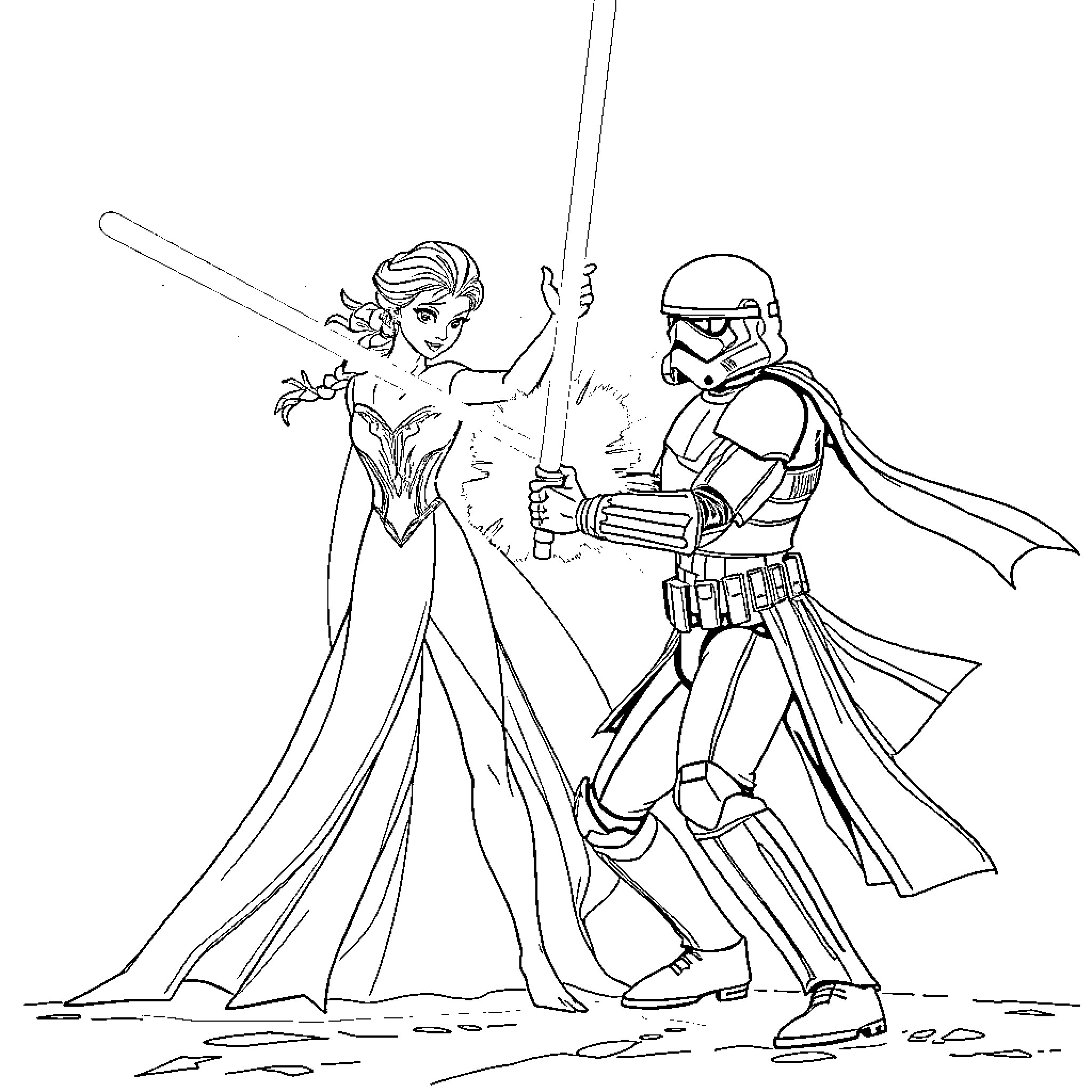 Elsa and Stormtrooper in epic battle Coloring Page (free black-and-white line drawing printable PDF for all, from beginners to advanced learners, including children, teens, adults, and seniors)