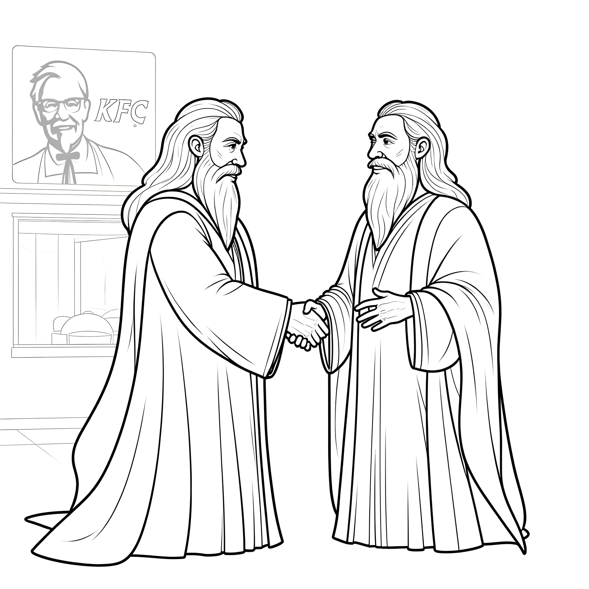 Gandalf's Meeting with Wise Wizards in a Formal Setting Coloring Page (free black-and-white line drawing printable PDF for all, from beginners to advanced learners, including children, teens, adults, and seniors)