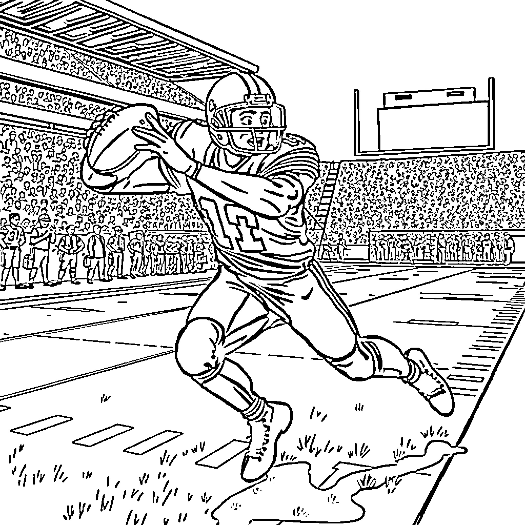 Football player in action on the field Coloring Page (free black-and-white line drawing printable PDF for all, from beginners to advanced learners, including children, teens, adults, and seniors)