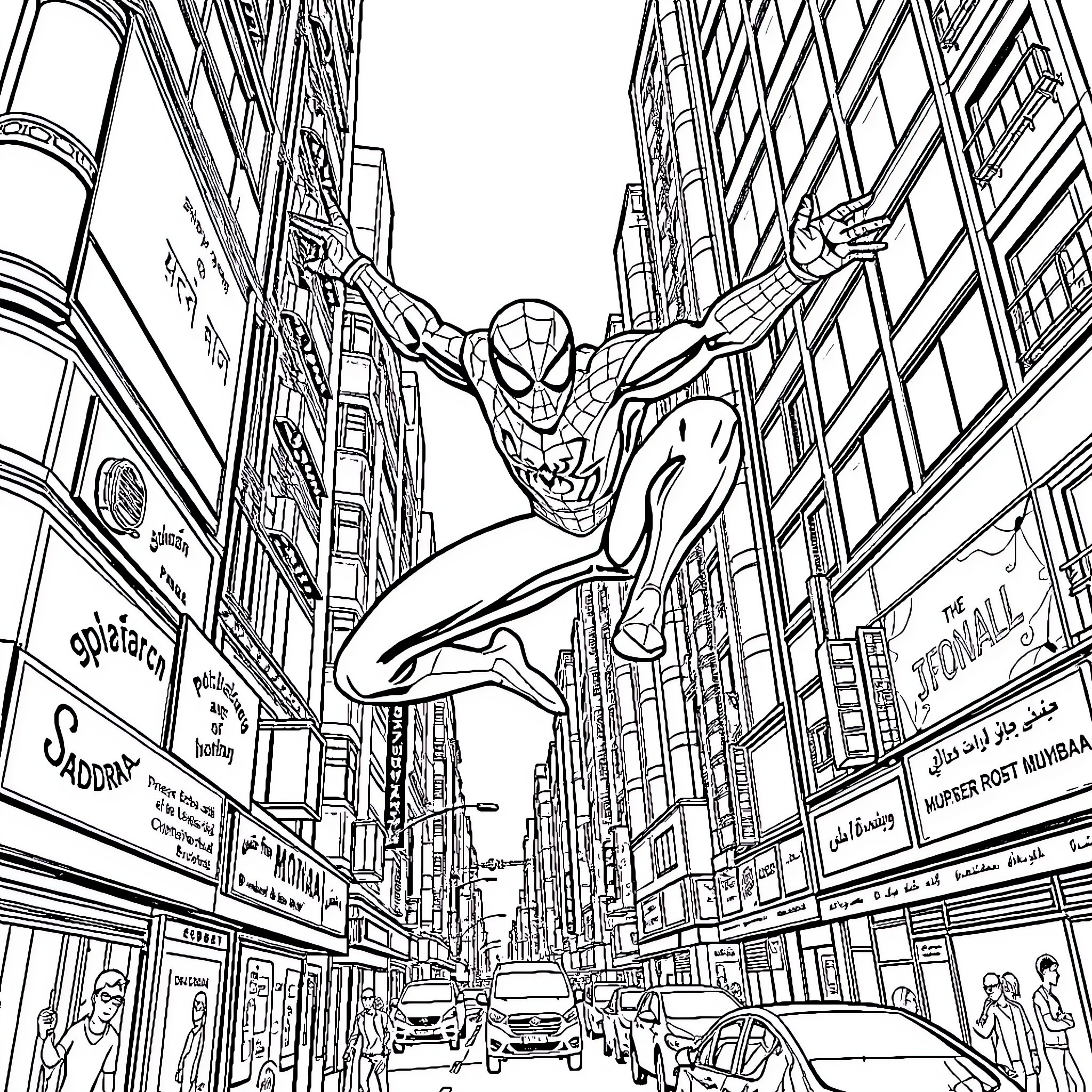 Spiderman swinging through the busy city streets Coloring Page (free black-and-white line drawing printable PDF for all, from beginners to advanced learners, including children, teens, adults, and seniors)