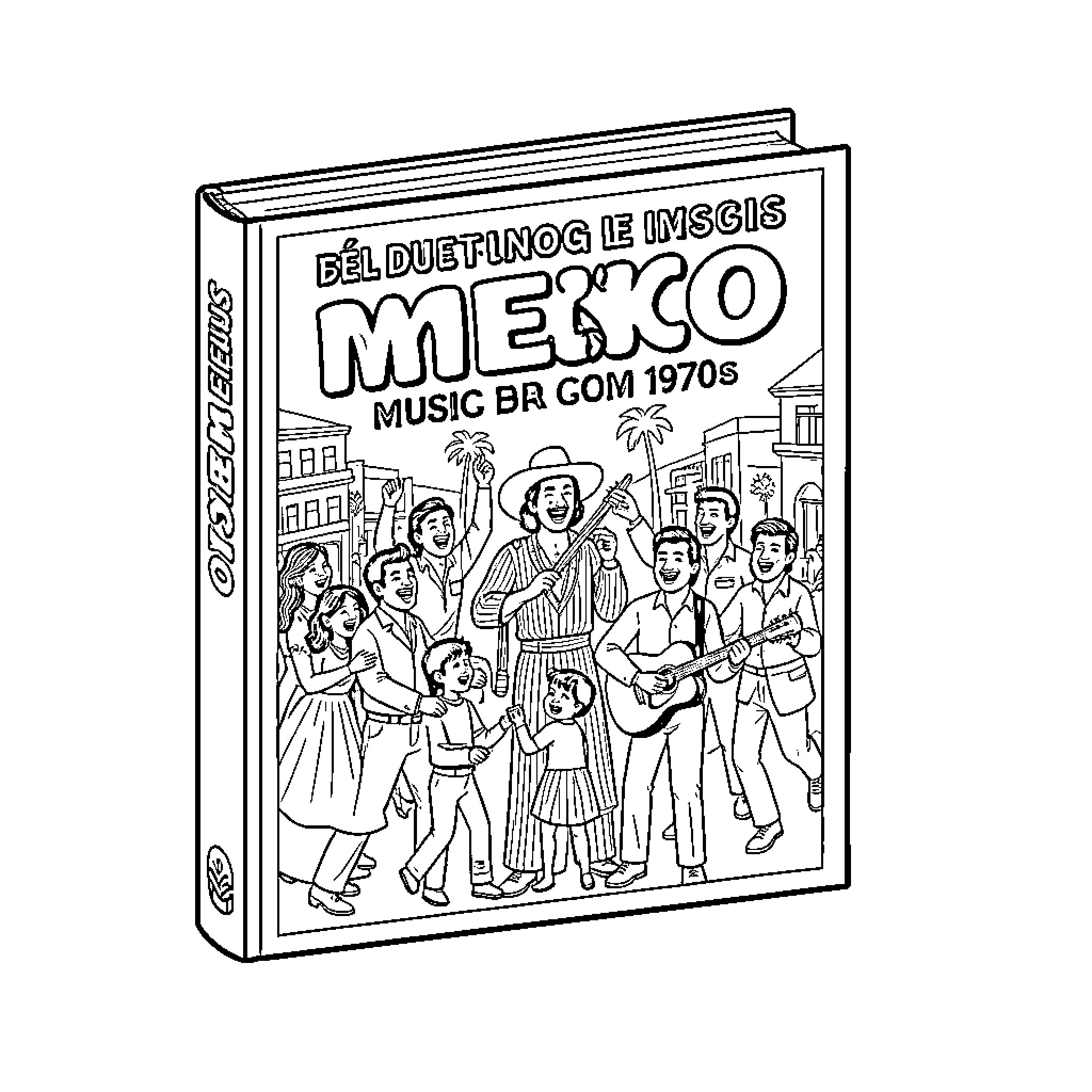 Mexico '70 People celebrating with music and dancing Coloring Page (free black-and-white line drawing printable PDF for all, from beginners to advanced learners, including children, teens, adults, and seniors)