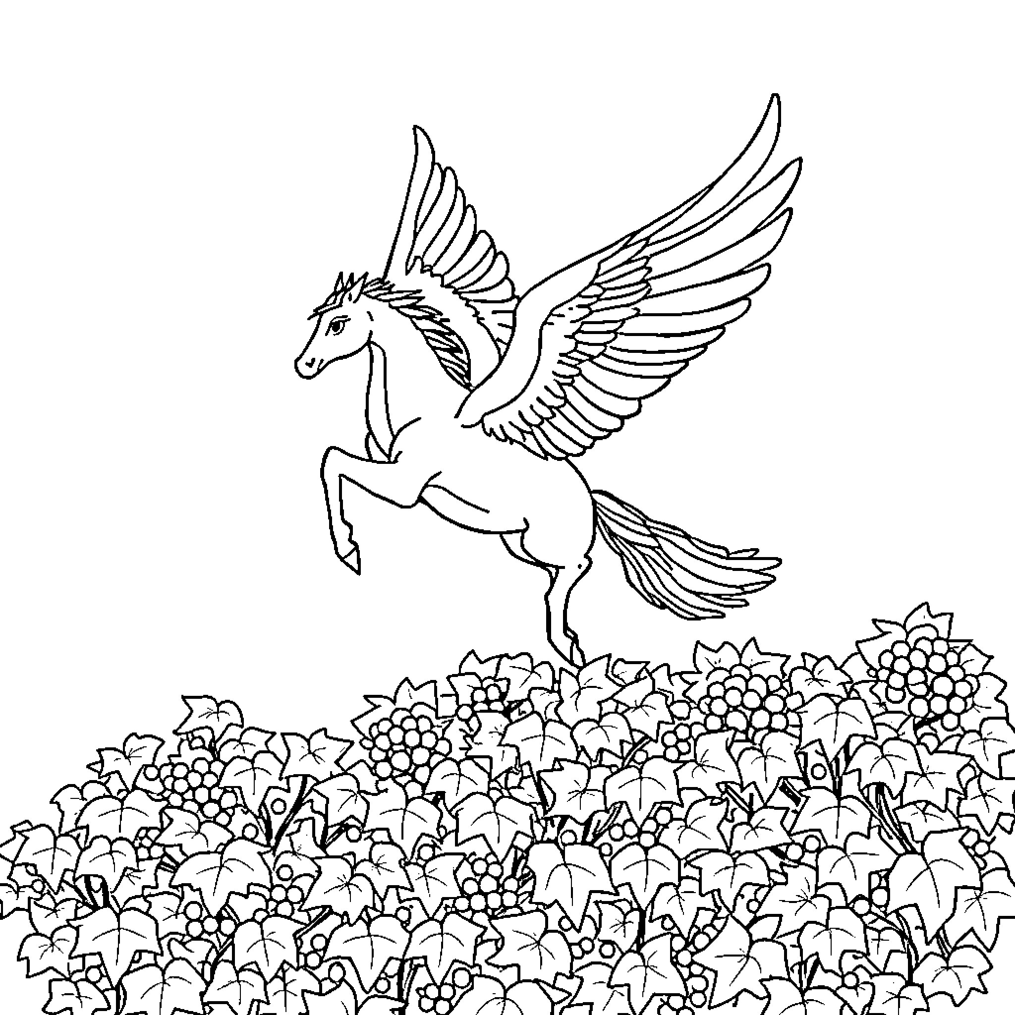 Pegasus soaring gracefully above a floral landscape Coloring Page (free black-and-white line drawing printable PDF for all, from beginners to advanced learners, including children, teens, adults, and seniors)