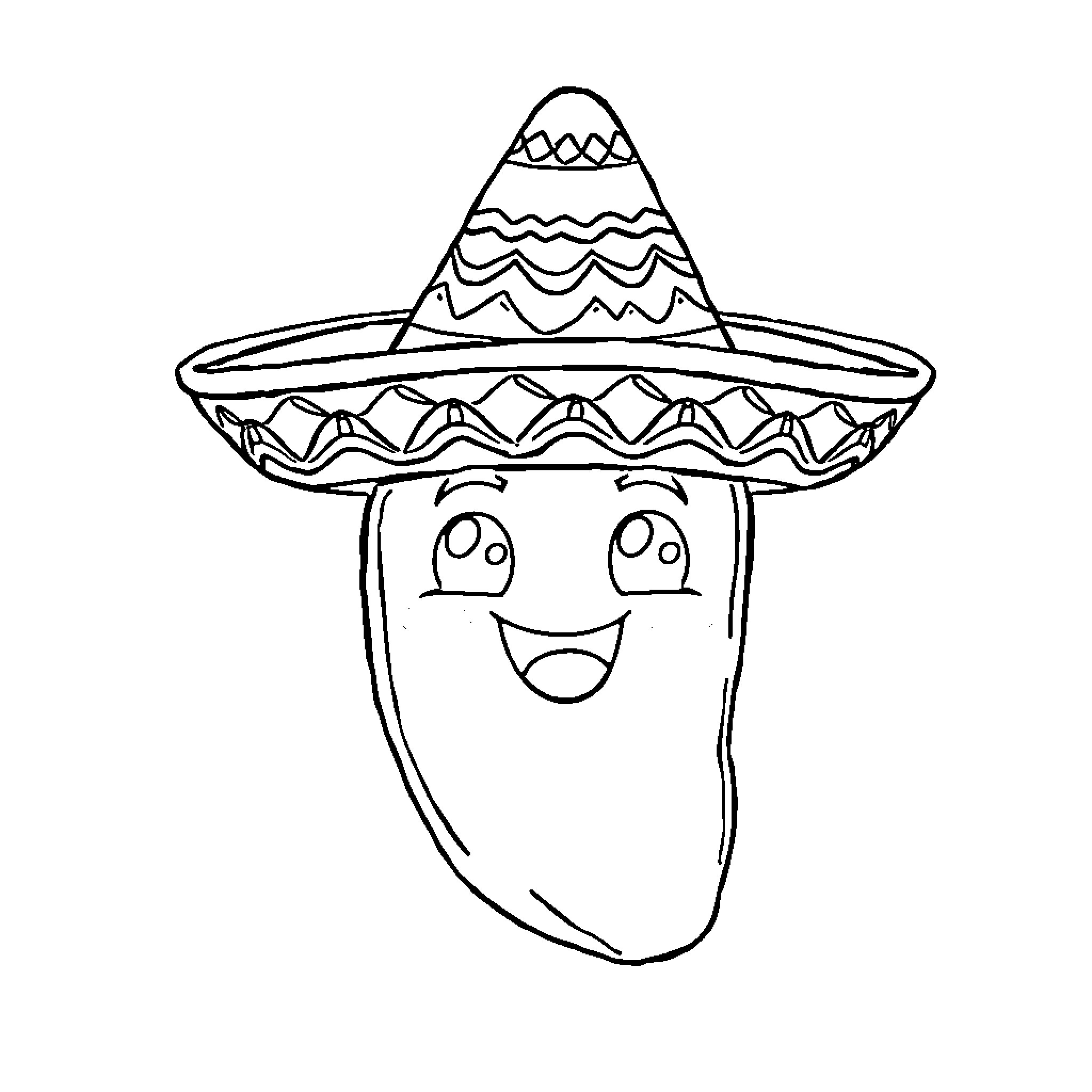 Jalapeno wearing a festive sombrero Coloring Page (free black-and-white line drawing printable PDF for all, from beginners to advanced learners, including children, teens, adults, and seniors)