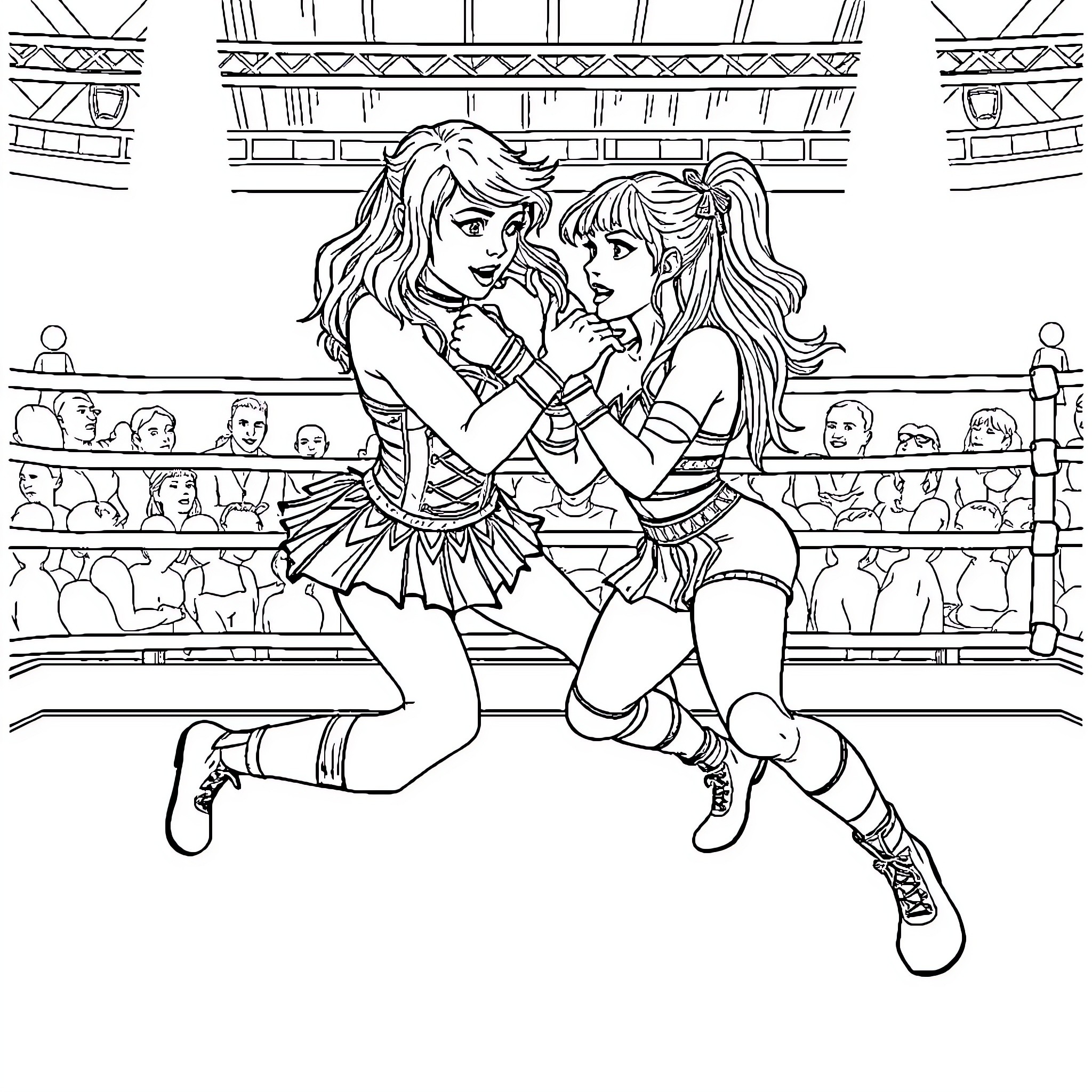 Taylor Swift and friend performing on stage Coloring Page (free black-and-white line drawing printable PDF for all, from beginners to advanced learners, including children, teens, adults, and seniors)