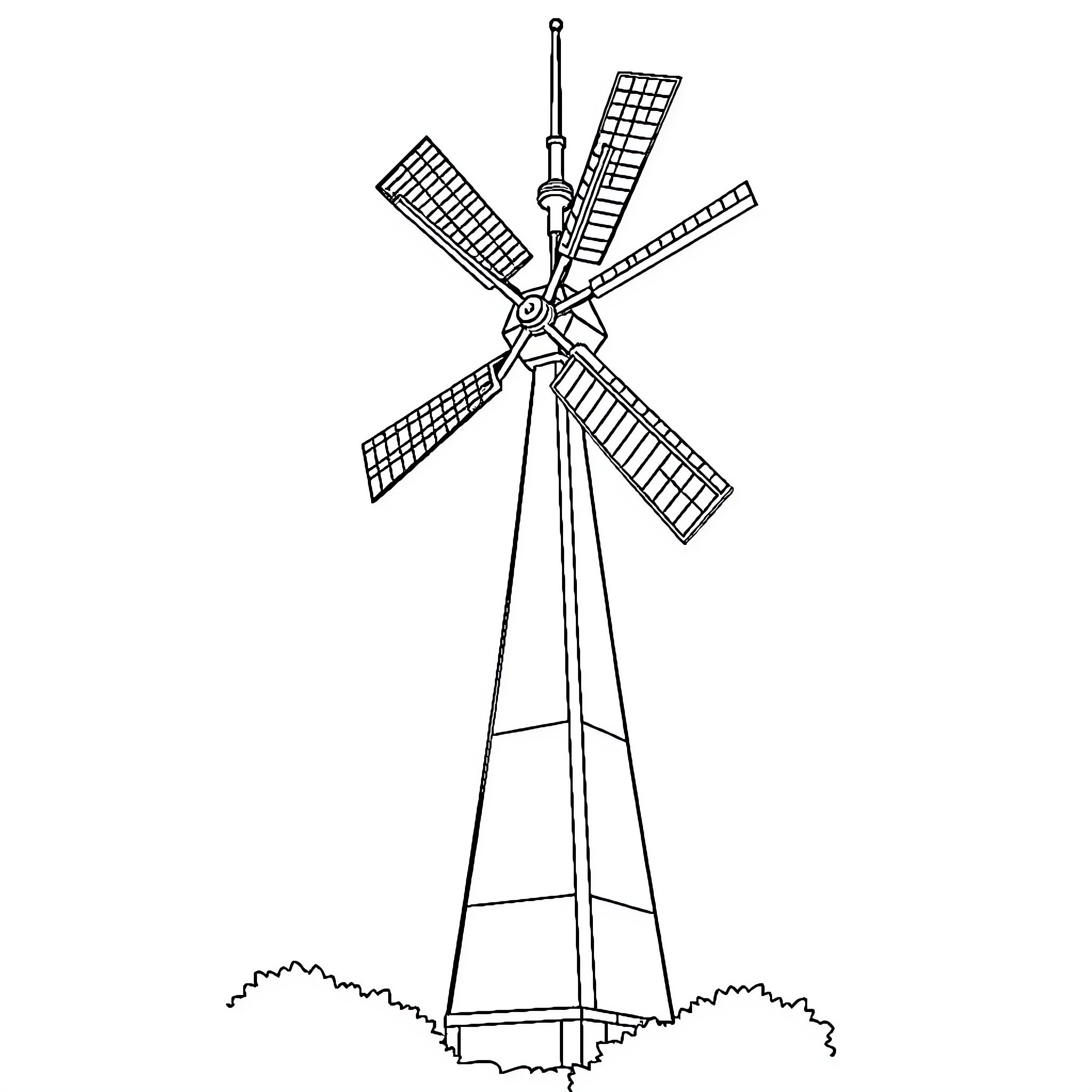 Windmill with rotating blades on a grassy hill Coloring Page (free black-and-white line drawing printable PDF for all, from beginners to advanced learners, including children, teens, adults, and seniors)