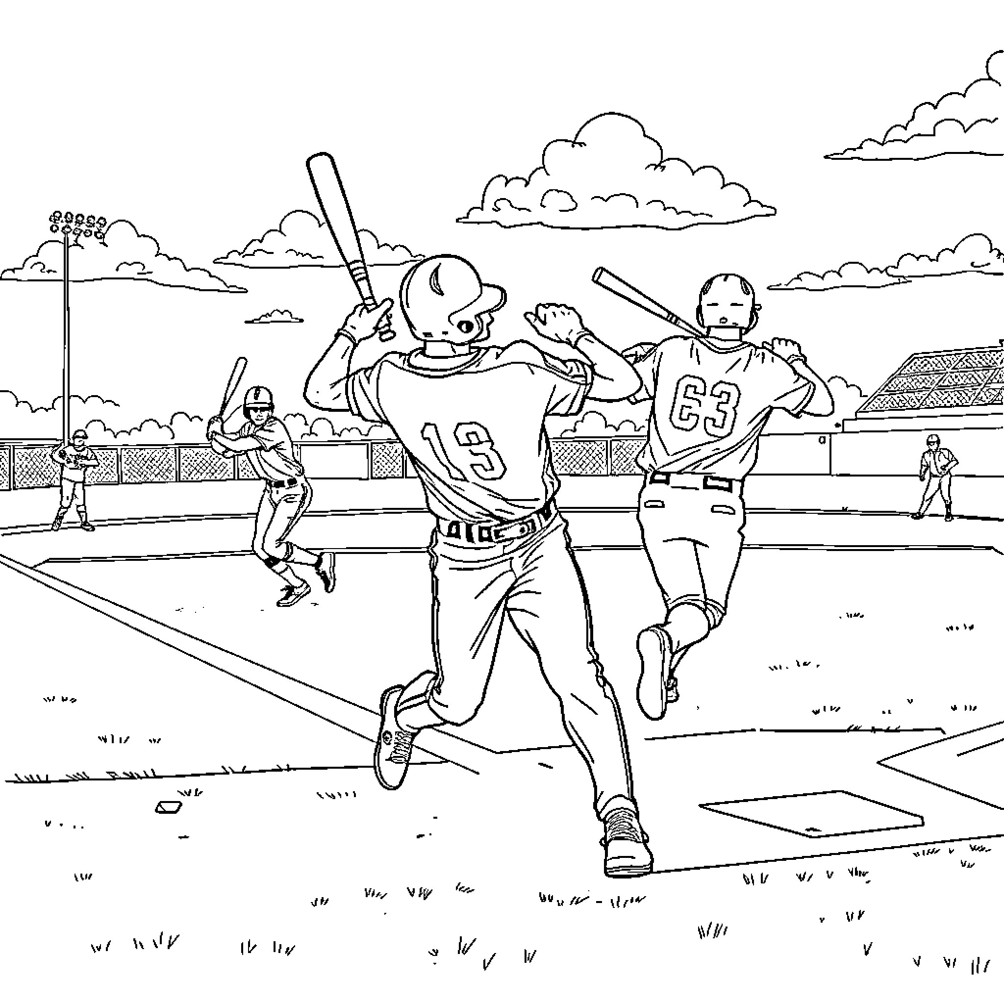Football Players Competing on the Field Coloring Page (free black-and-white line drawing printable PDF for all, from beginners to advanced learners, including children, teens, adults, and seniors)