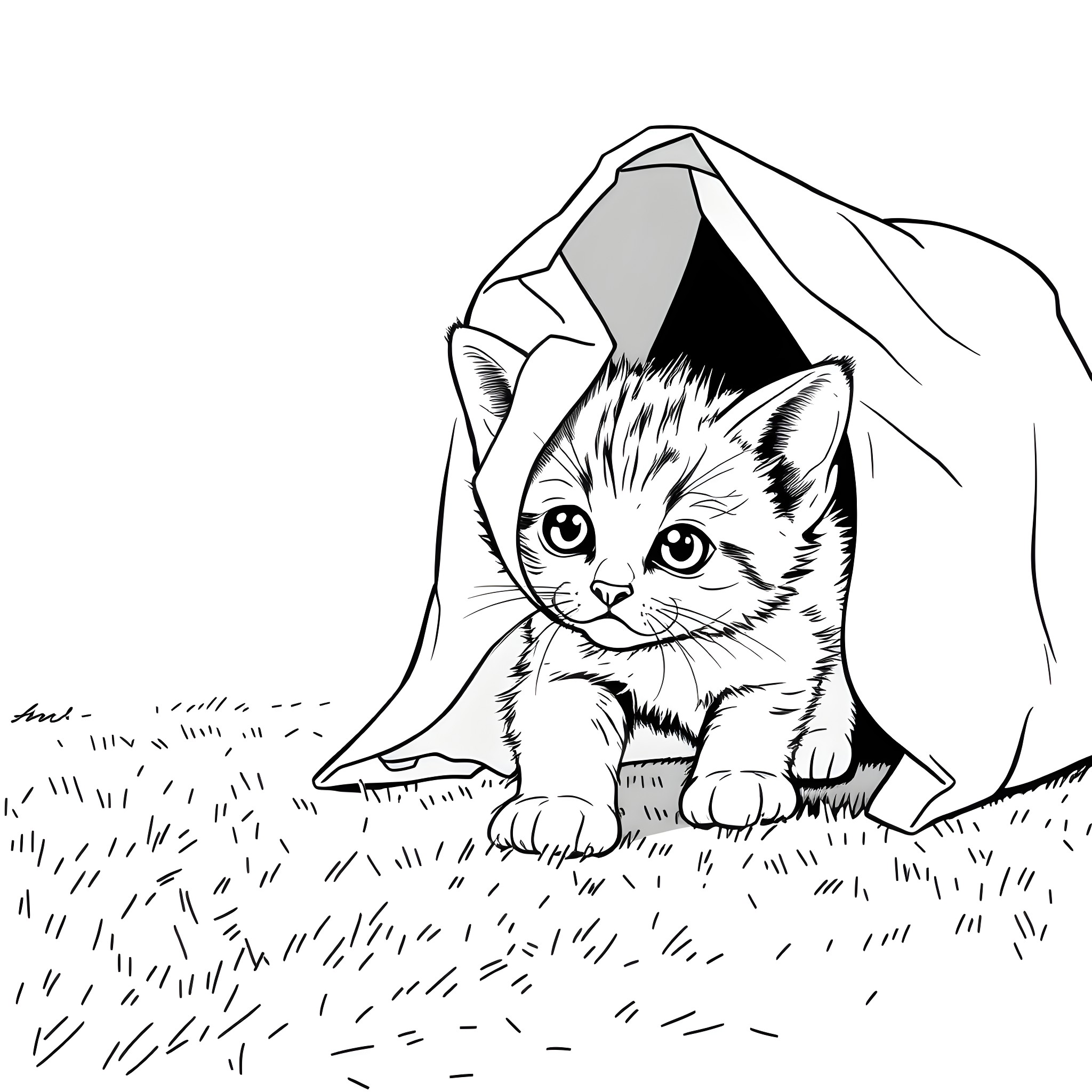 Kitten peeking out from under a blanket Coloring Page (free black-and-white line drawing printable PDF for all, from beginners to advanced learners, including children, teens, adults, and seniors)