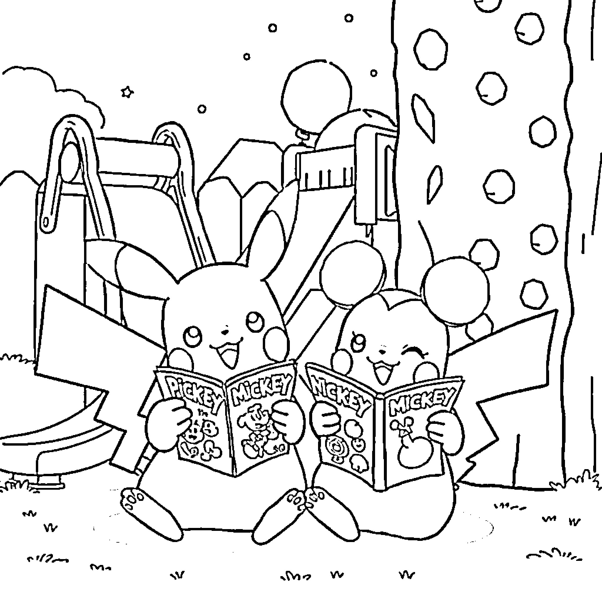 Pikachu reading books with friends in whimsical scene Coloring Page (free black-and-white line drawing printable PDF for all, from beginners to advanced learners, including children, teens, adults, and seniors)