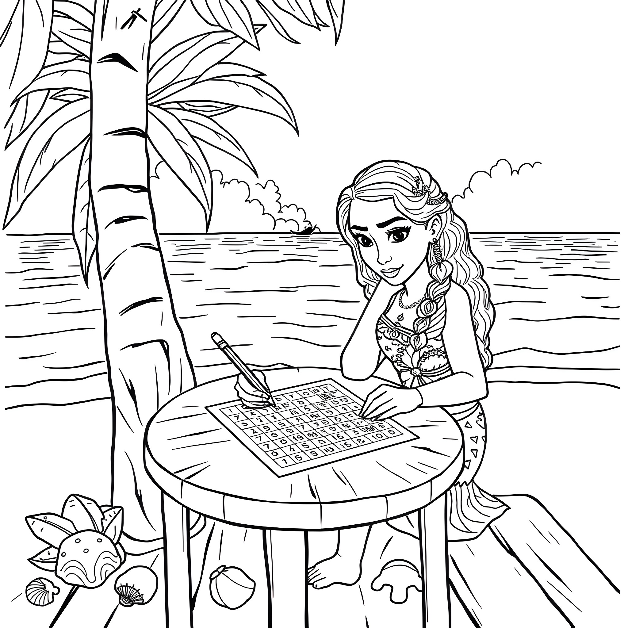 Moana writing on a table by the beach Coloring Page (free black-and-white line drawing printable PDF for all, from beginners to advanced learners, including children, teens, adults, and seniors)
