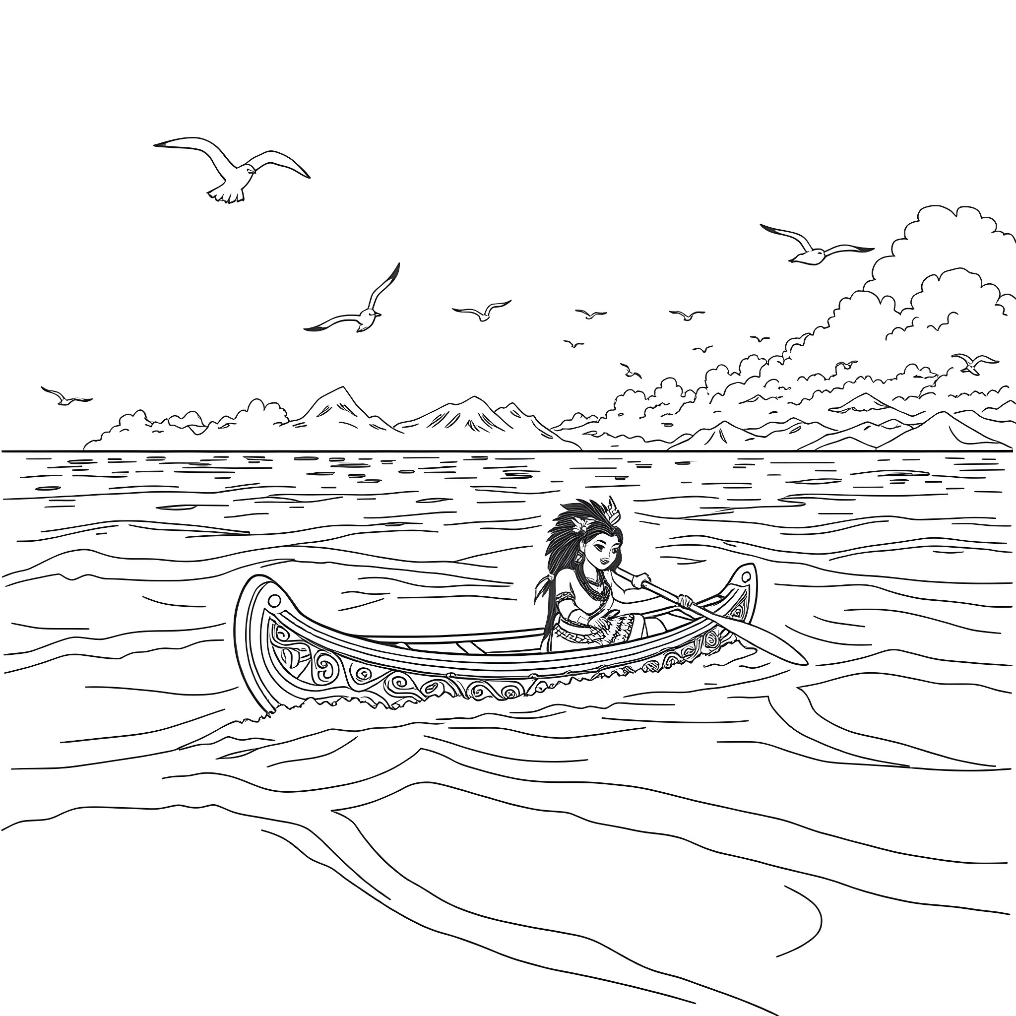 Moana paddling her canoe through the ocean Coloring Page (free black-and-white line drawing printable PDF for all, from beginners to advanced learners, including children, teens, adults, and seniors)
