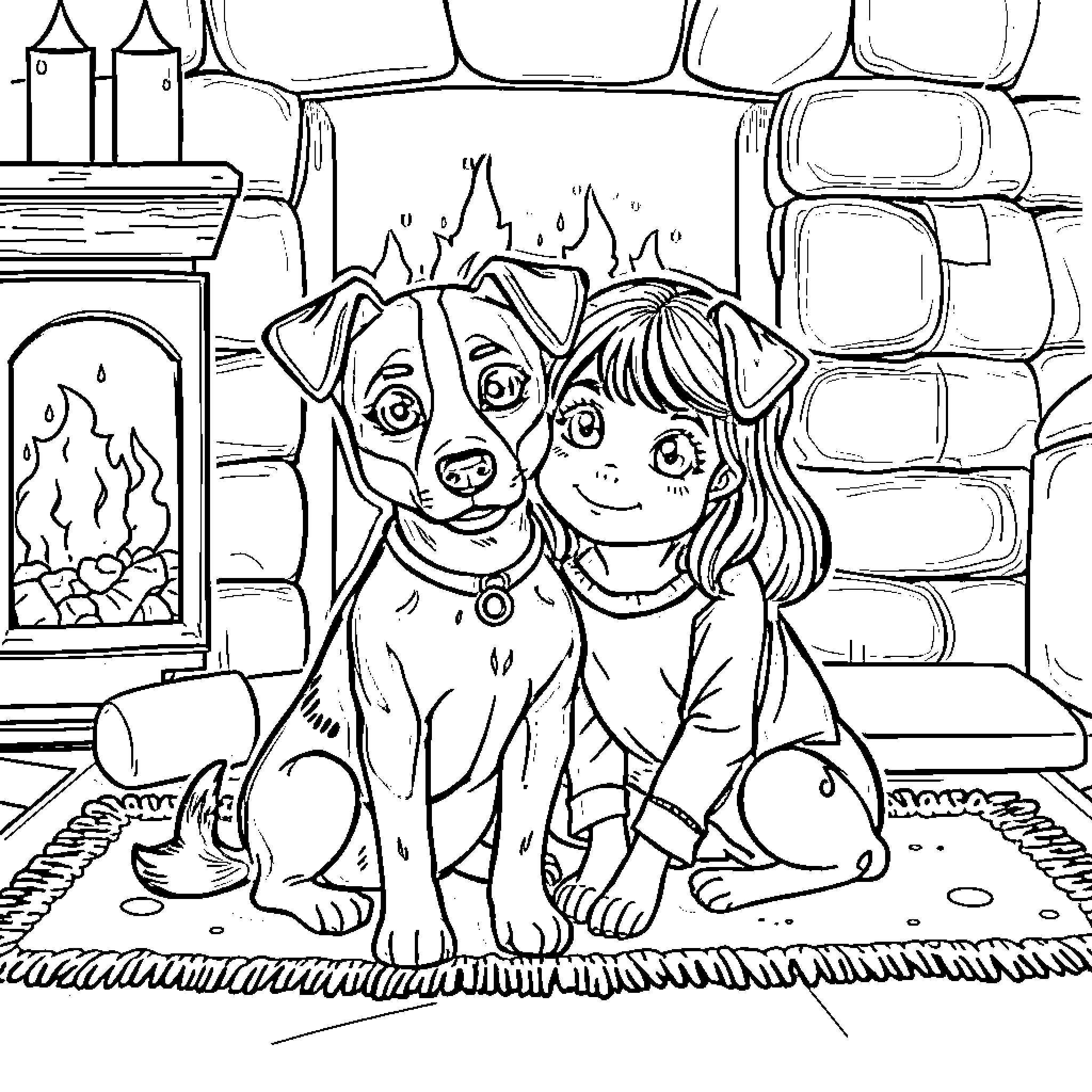 Dog and Girl Playing Happily by the Fireplace Coloring Page (free black-and-white line drawing printable PDF for all, from beginners to advanced learners, including children, teens, adults, and seniors)