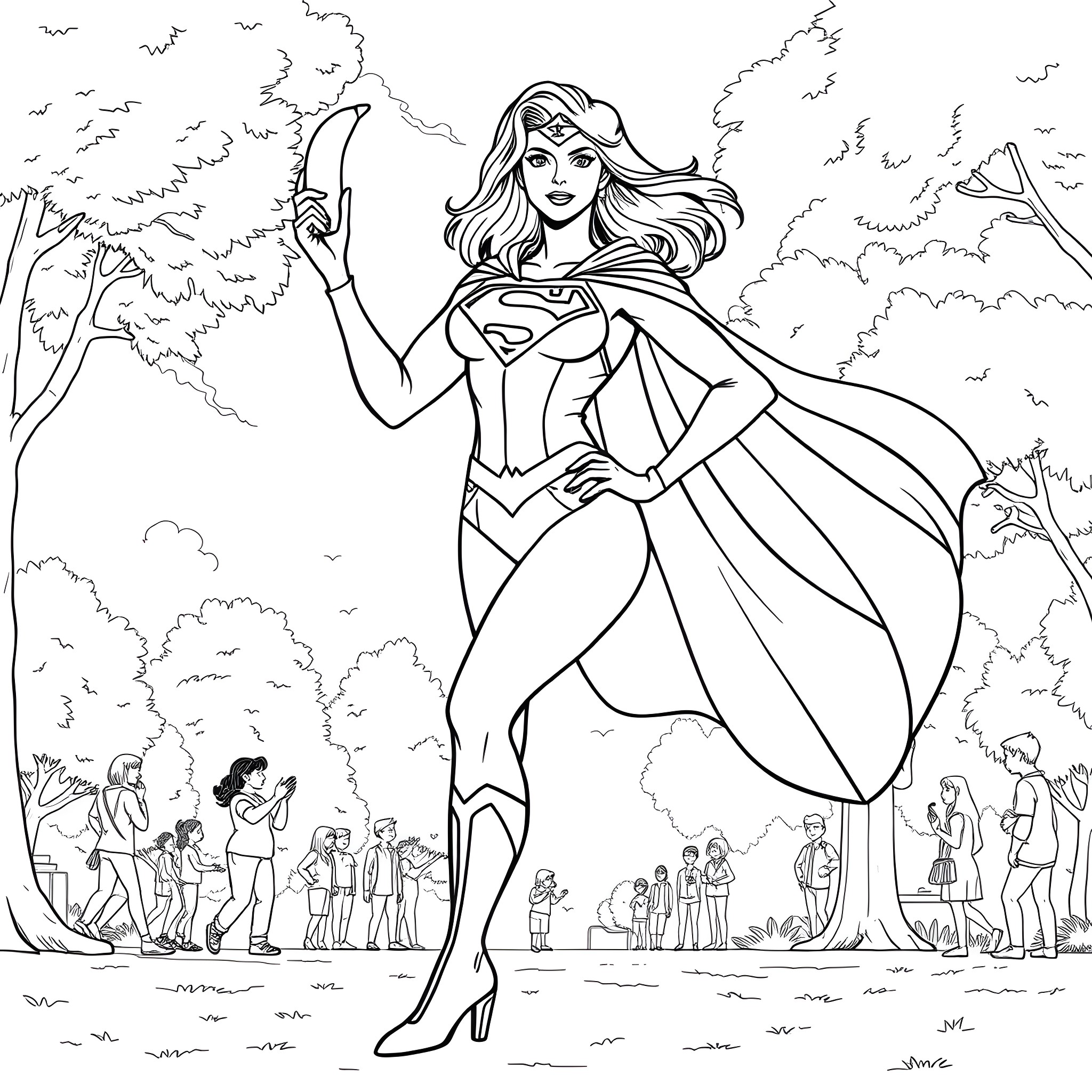 Superwoman Saving the Day with Heroic Pose Coloring Page (free black-and-white line drawing printable PDF for all, from beginners to advanced learners, including children, teens, adults, and seniors)