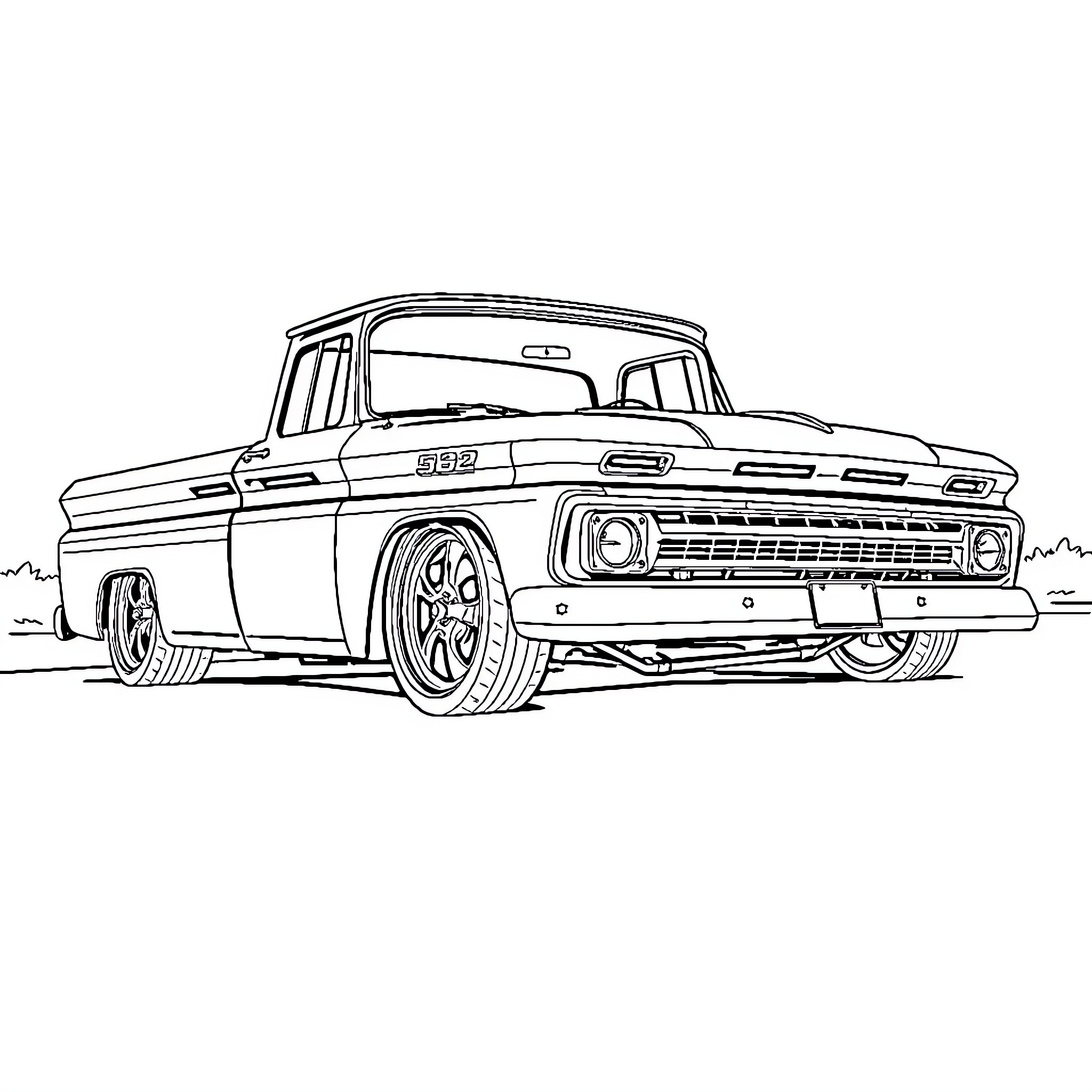 Chevy classic pickup truck on the road Coloring Page (free black-and-white line drawing printable PDF for all, from beginners to advanced learners, including children, teens, adults, and seniors)