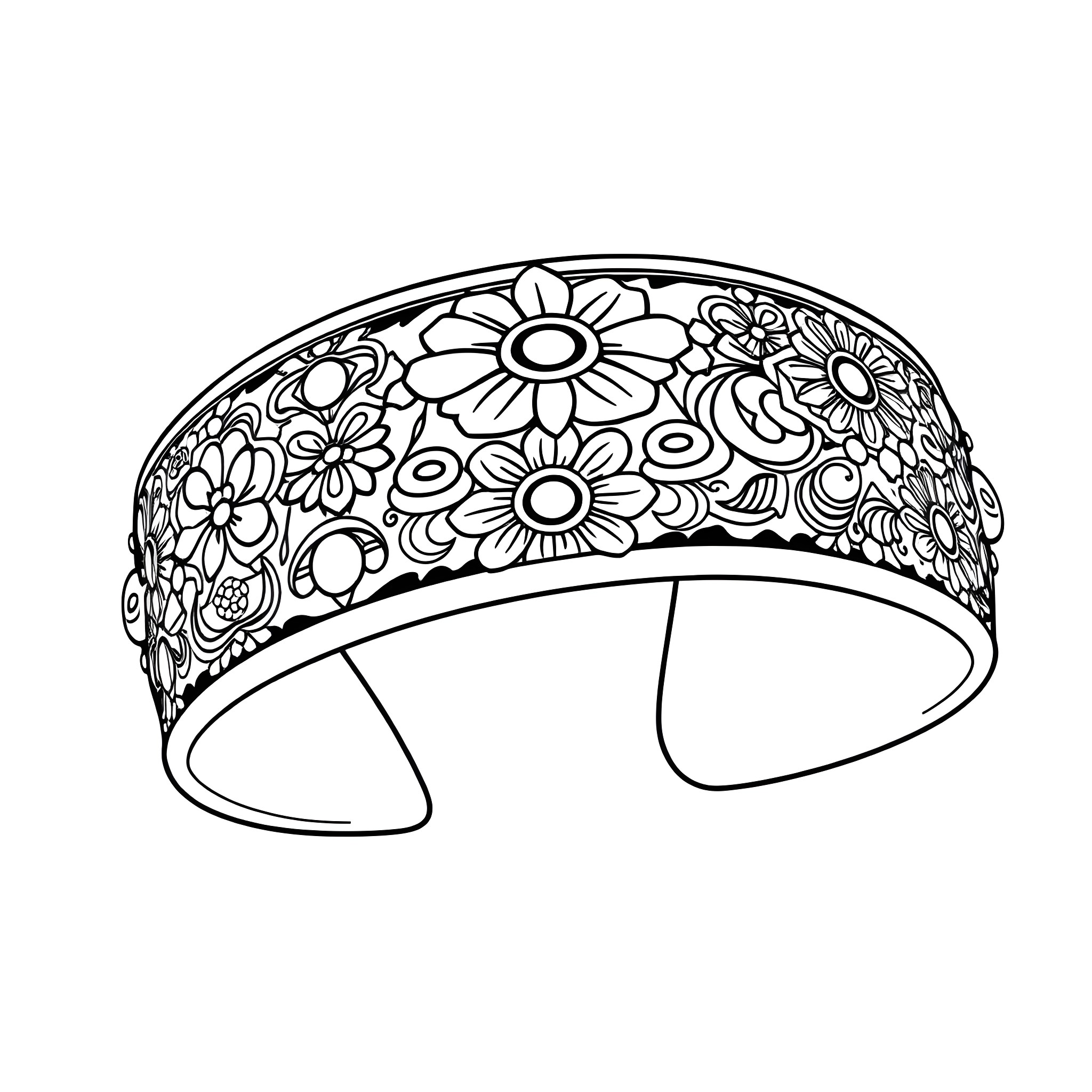 Bracelet with intricate floral pattern Coloring Page (free black-and-white line drawing printable PDF for all, from beginners to advanced learners, including children, teens, adults, and seniors)