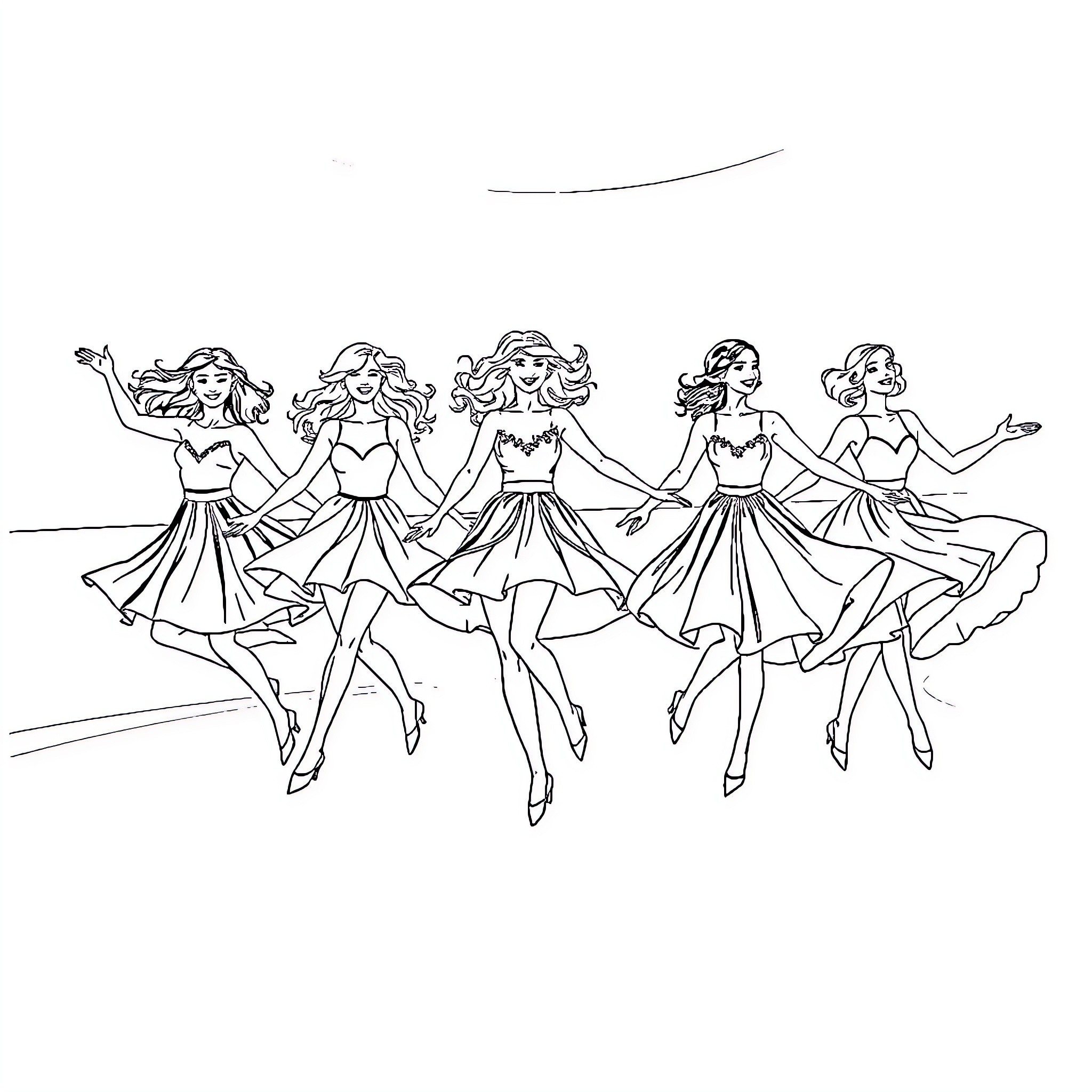 Fille Dancing Beautifully with Friends on Stage Coloring Page (free black-and-white line drawing printable PDF for all, from beginners to advanced learners, including children, teens, adults, and seniors)