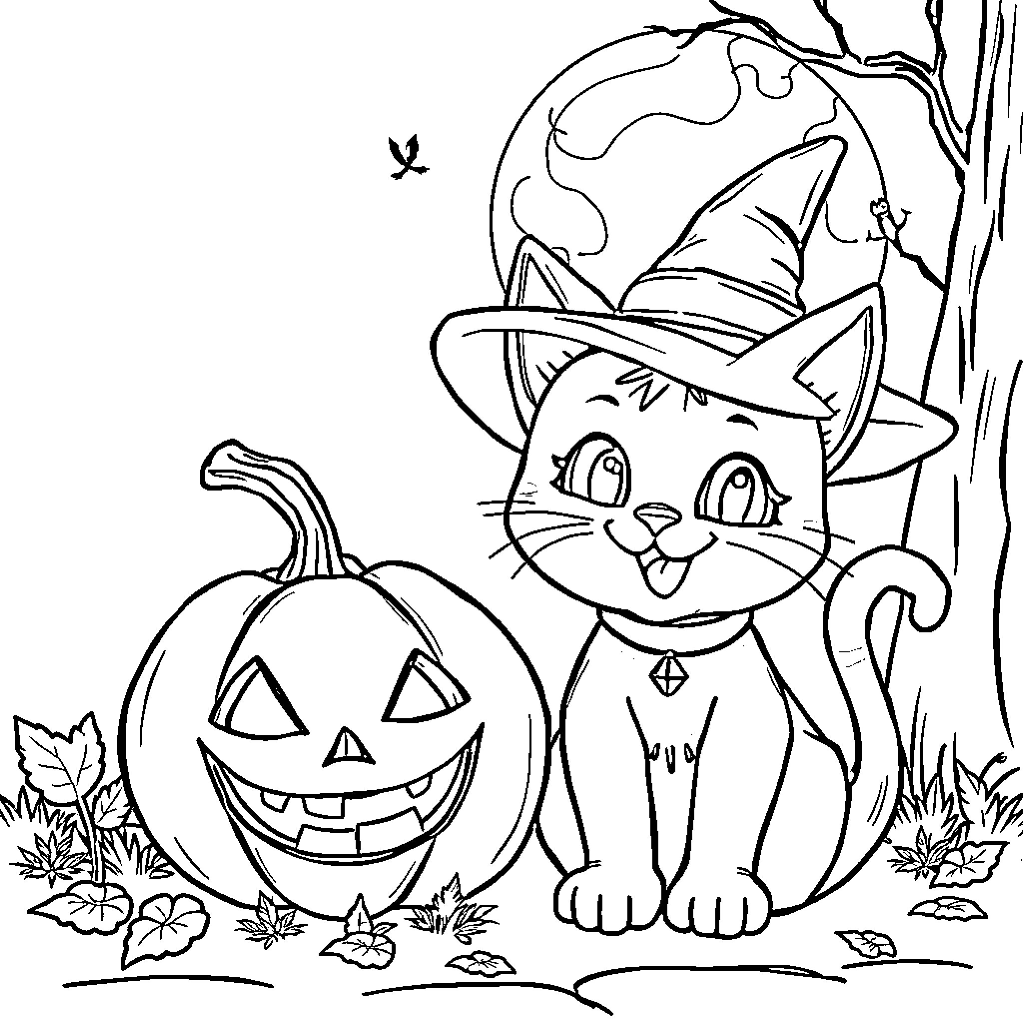 Cat in Witch Hat and Halloween Pumpkin Coloring Page (free black-and-white line drawing printable PDF for all, from beginners to advanced learners, including children, teens, adults, and seniors)