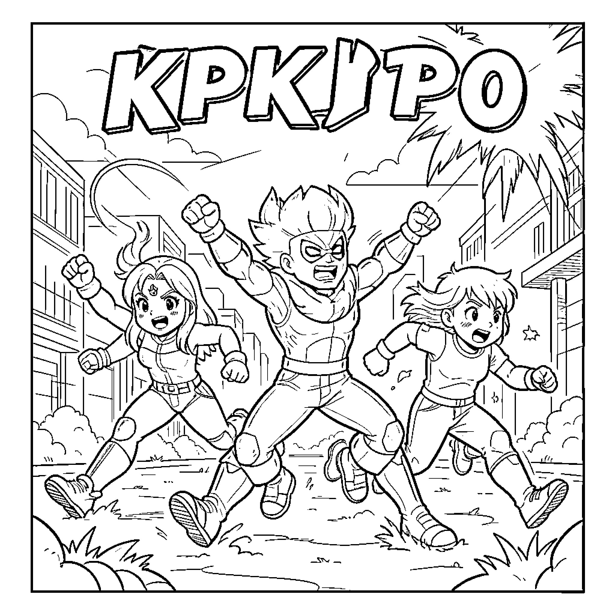 KPKPPO Superheroes in action on the street Coloring Page (free black-and-white line drawing printable PDF for all, from beginners to advanced learners, including children, teens, adults, and seniors)