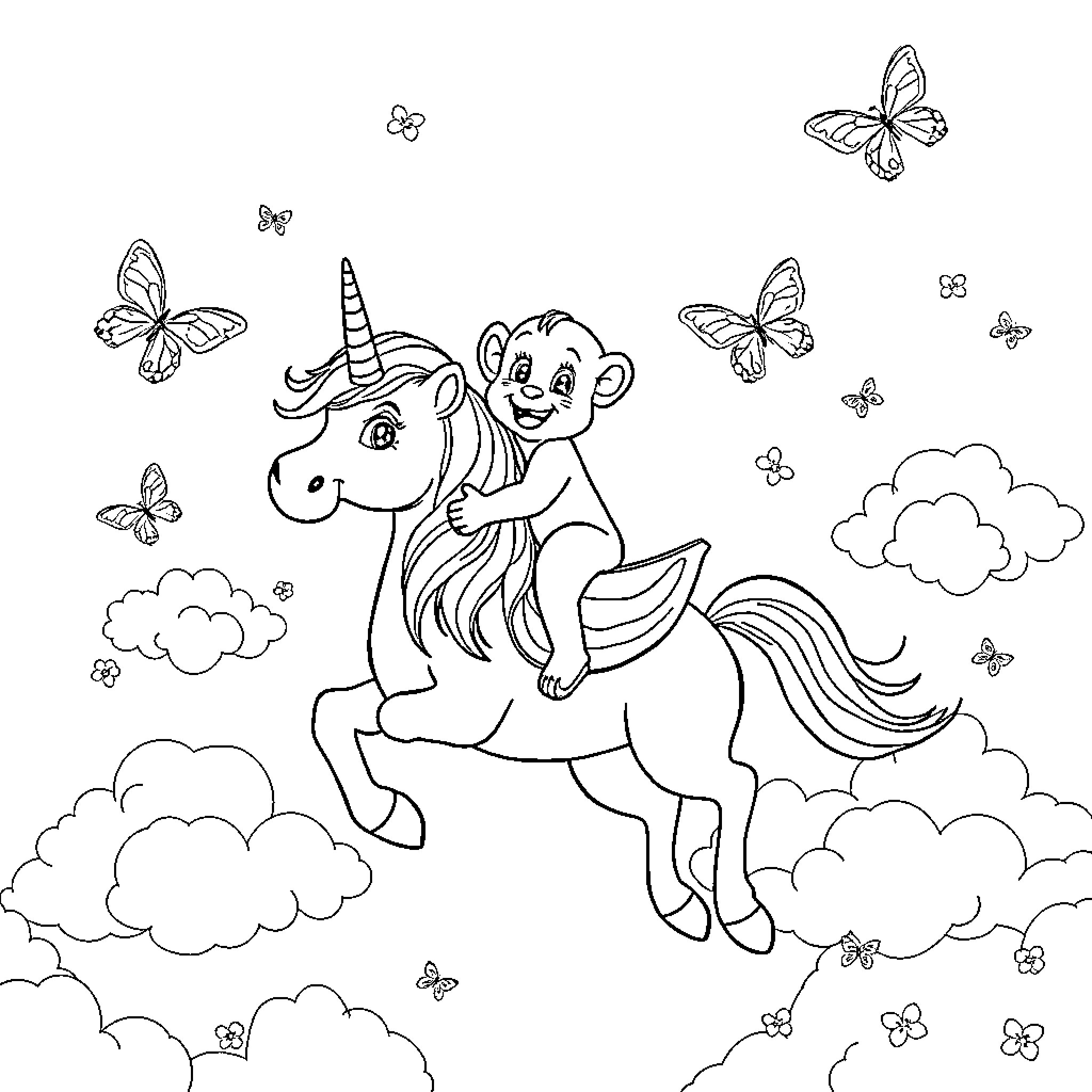 Simba riding on a playful unicorn among butterflies Coloring Page (free black-and-white line drawing printable PDF for all, from beginners to advanced learners, including children, teens, adults, and seniors)