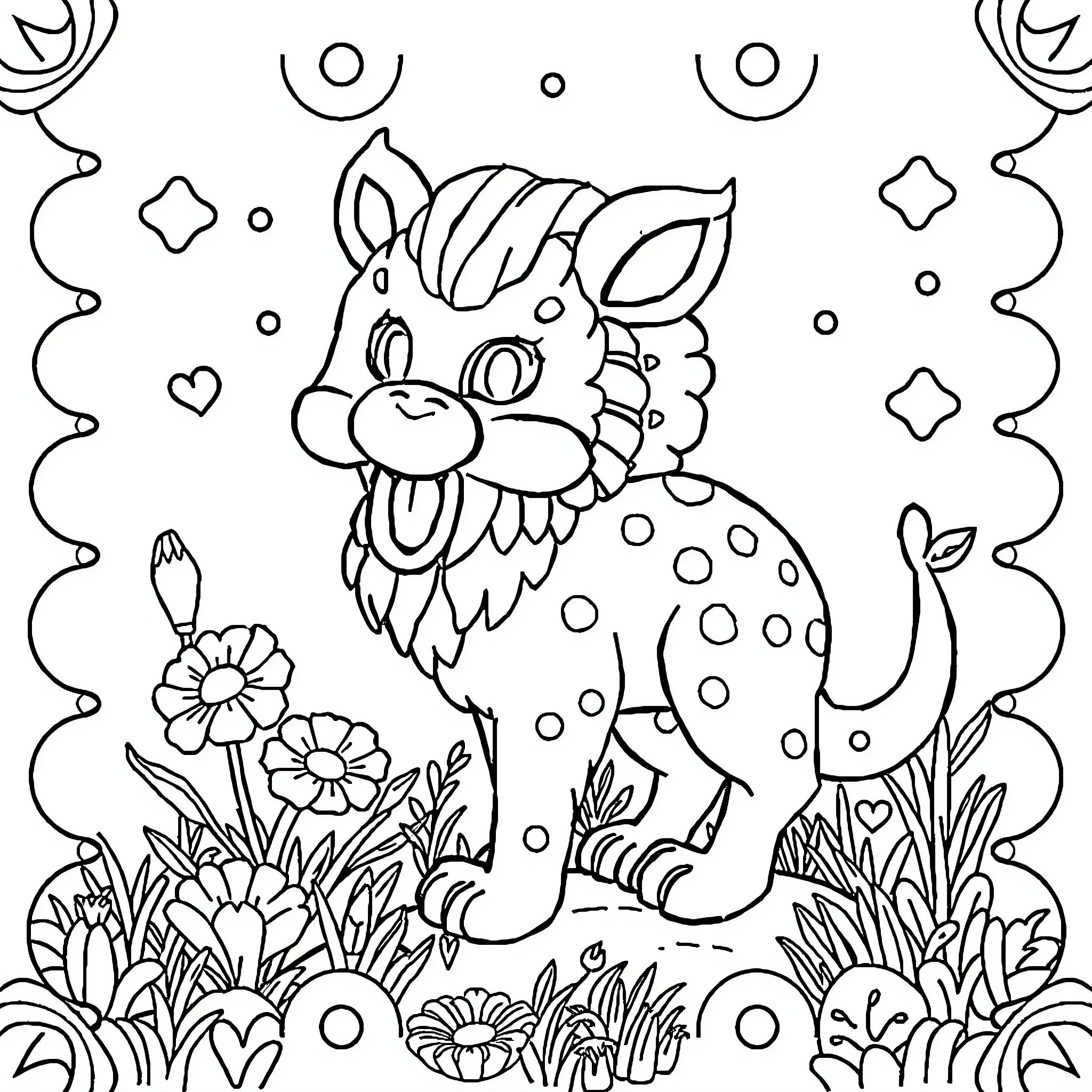 Whimsical creature in floral landscape Coloring Page (free black-and-white line drawing printable PDF for all, from beginners to advanced learners, including children, teens, adults, and seniors)