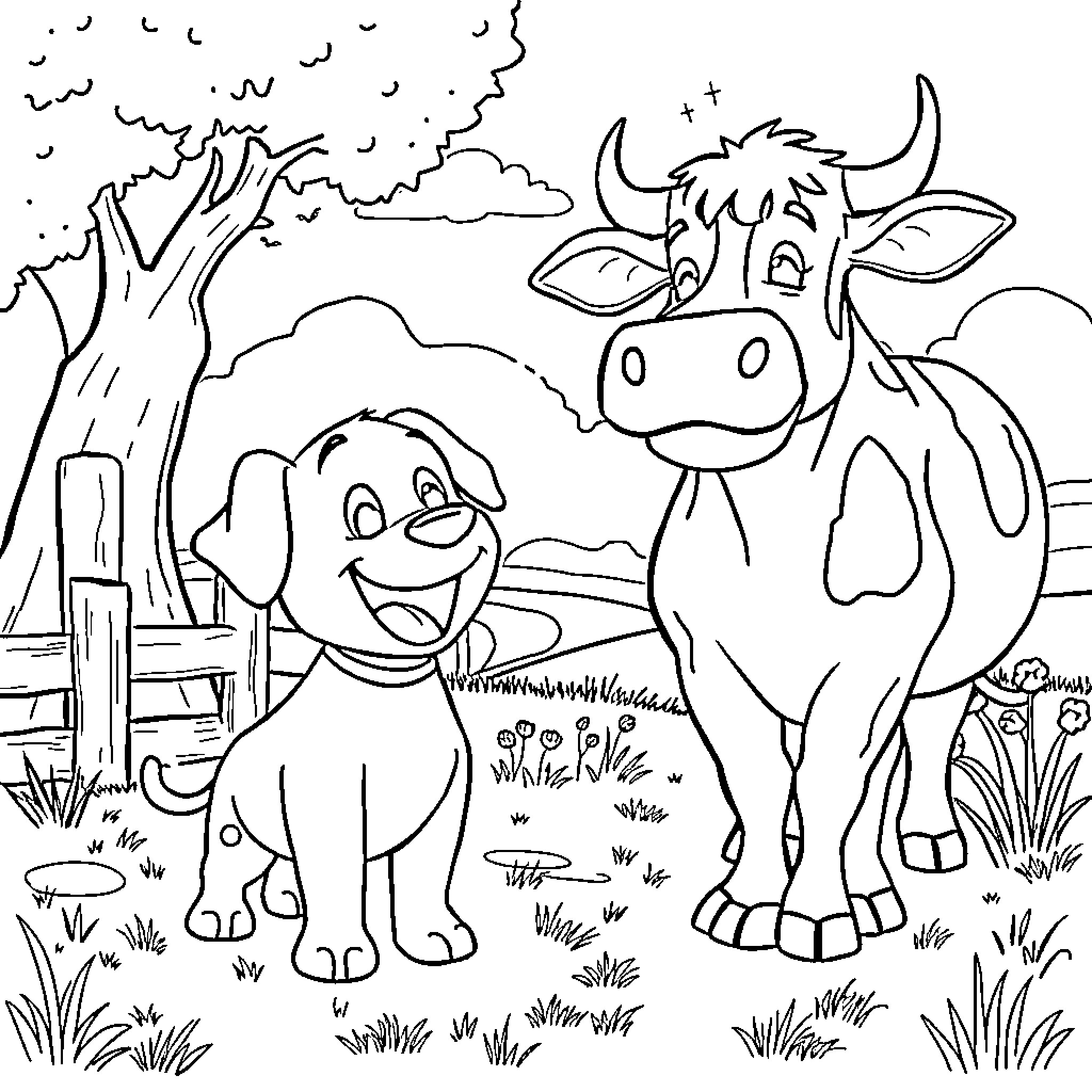 Puppy and cow playing in the countryside Coloring Page (free black-and-white line drawing printable PDF for all, from beginners to advanced learners, including children, teens, adults, and seniors)