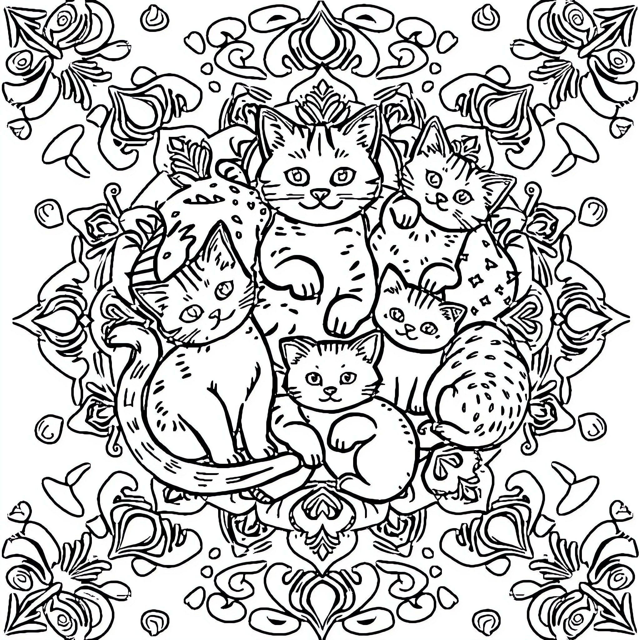 Felino: Playful Kittens in Ornate Floral Setting Coloring Page (free black-and-white line drawing printable PDF for all, from beginners to advanced learners, including children, teens, adults, and seniors)