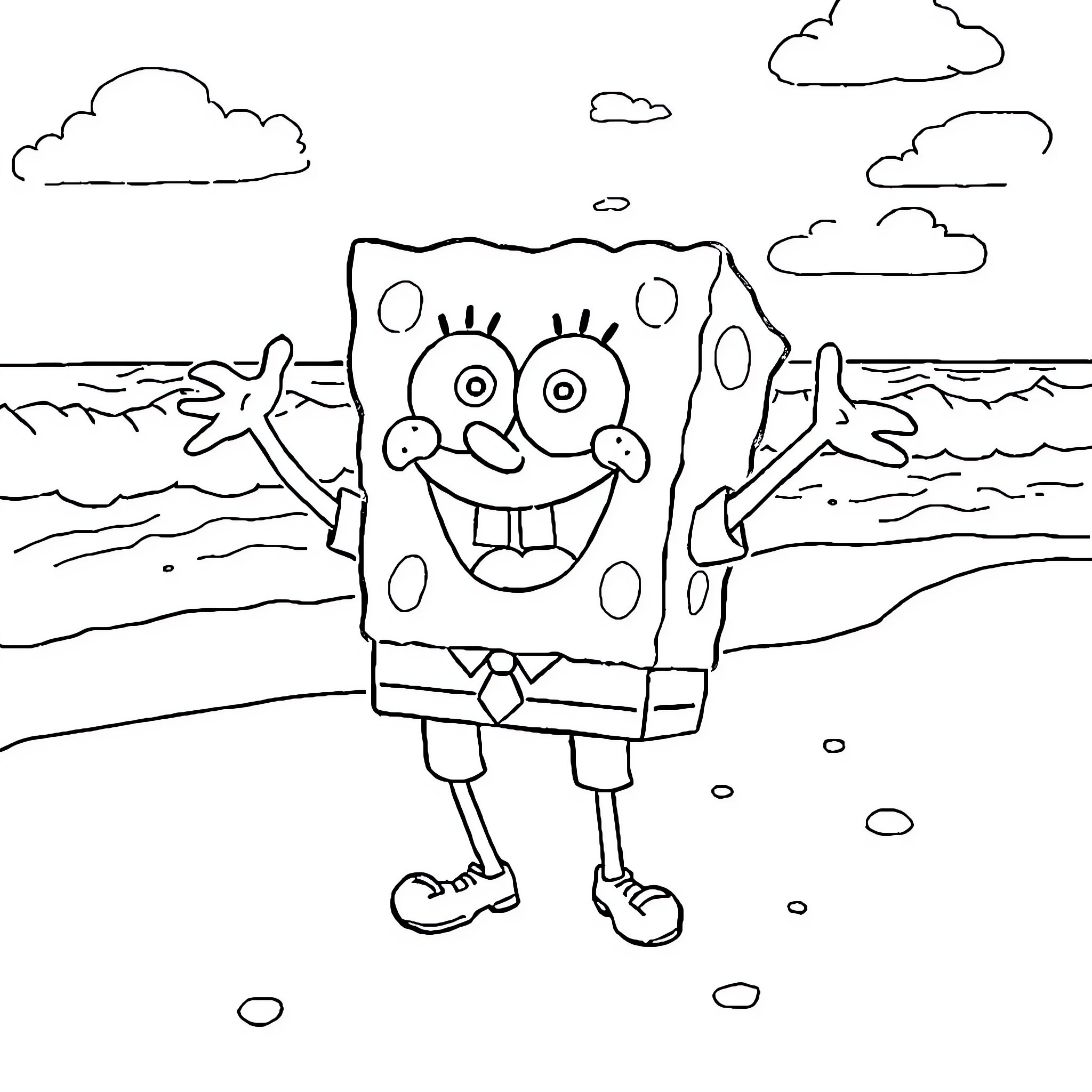 Spongebob enjoying a day at the beach Coloring Page (free black-and-white line drawing printable PDF for all, from beginners to advanced learners, including children, teens, adults, and seniors)