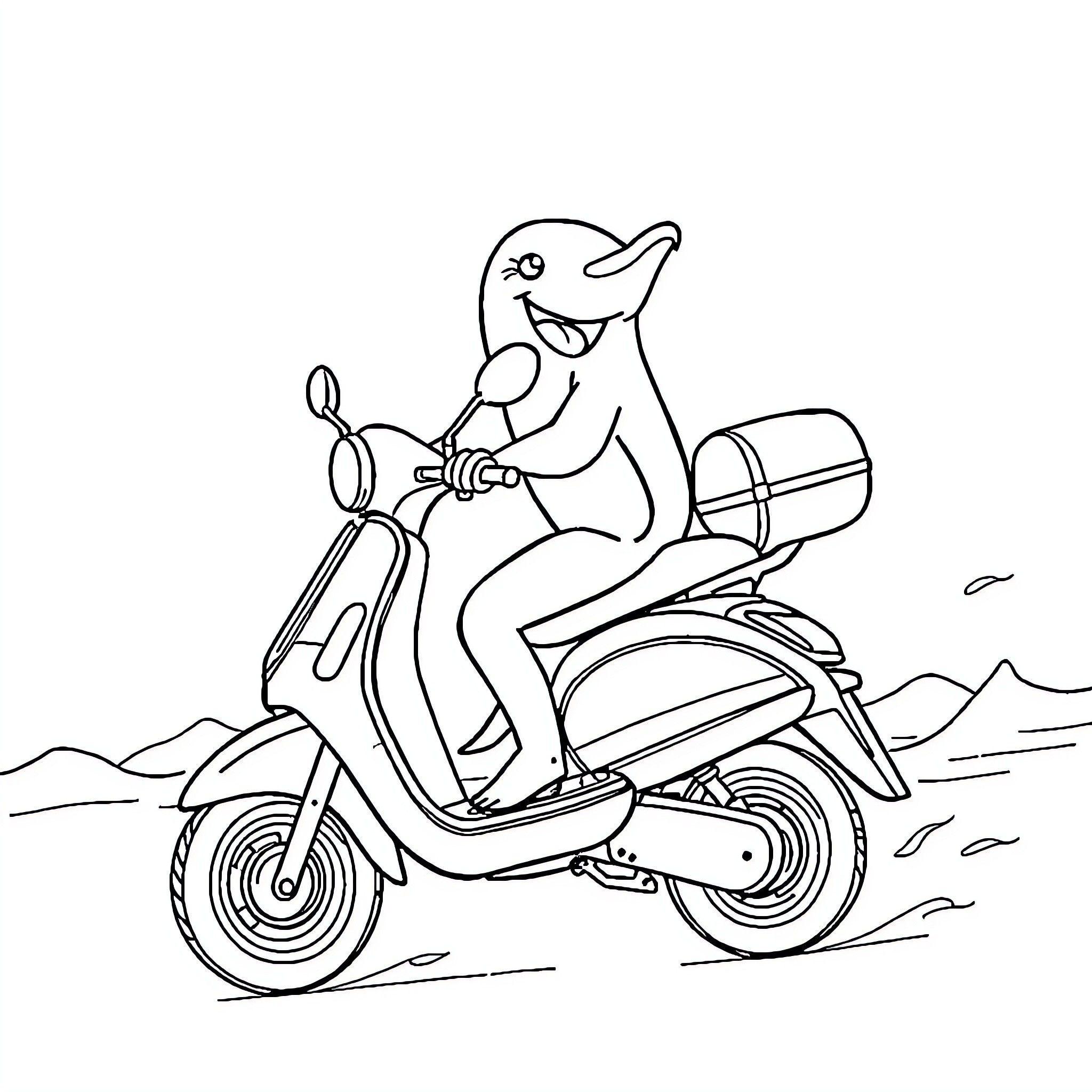 Dolphin riding a scooter through the landscape Coloring Page (free black-and-white line drawing printable PDF for all, from beginners to advanced learners, including children, teens, adults, and seniors)