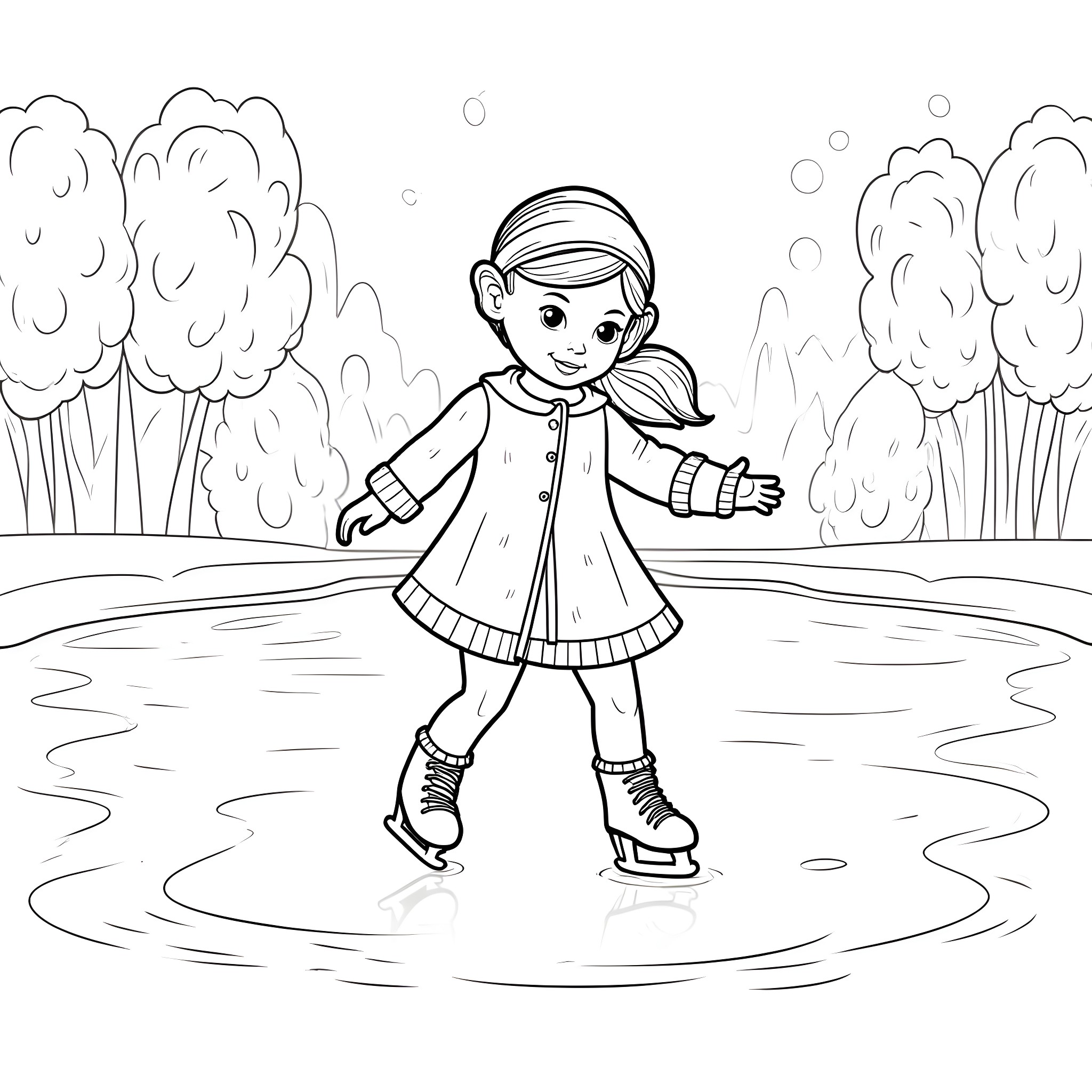 Doll ice skating on frozen pond Coloring Page (free black-and-white line drawing printable PDF for all, from beginners to advanced learners, including children, teens, adults, and seniors)
