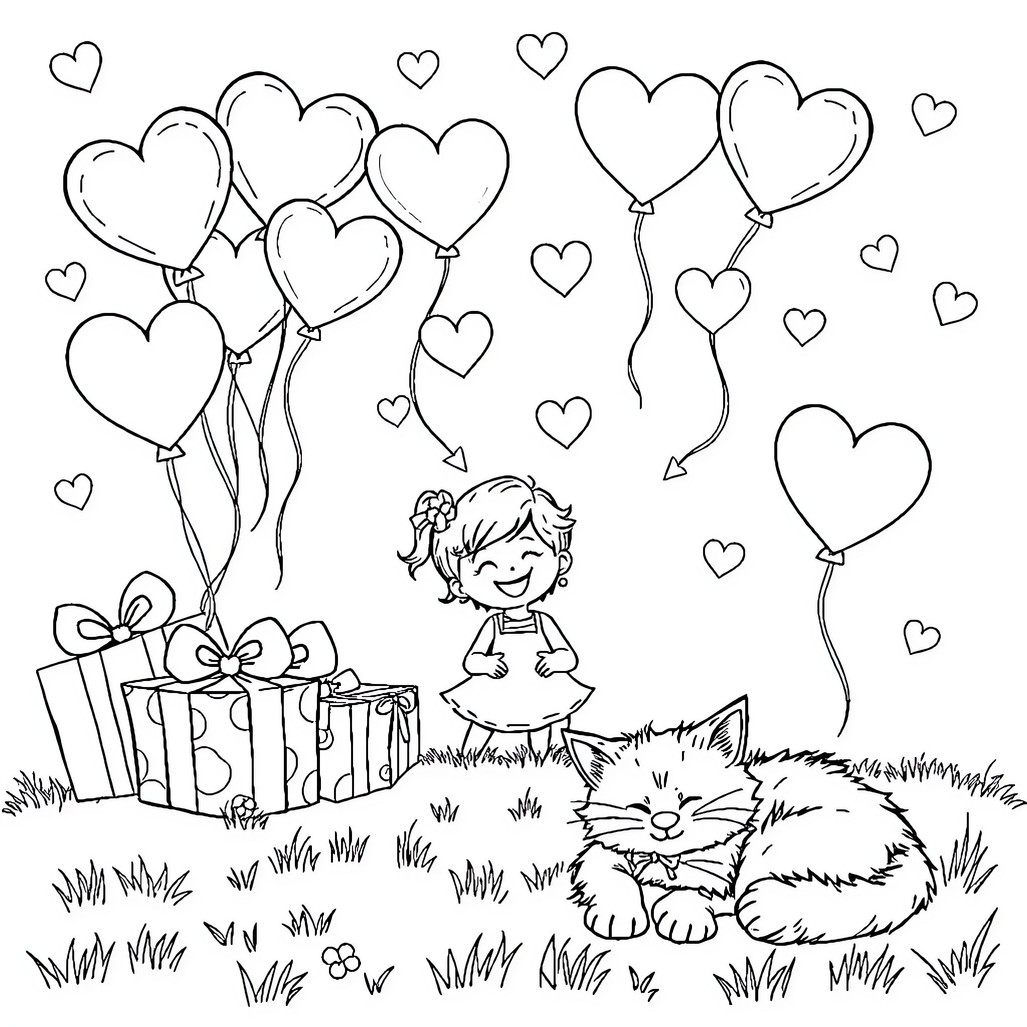 Cat with girl and heart-shaped balloons Coloring Page (free black-and-white line drawing printable PDF for all, from beginners to advanced learners, including children, teens, adults, and seniors)