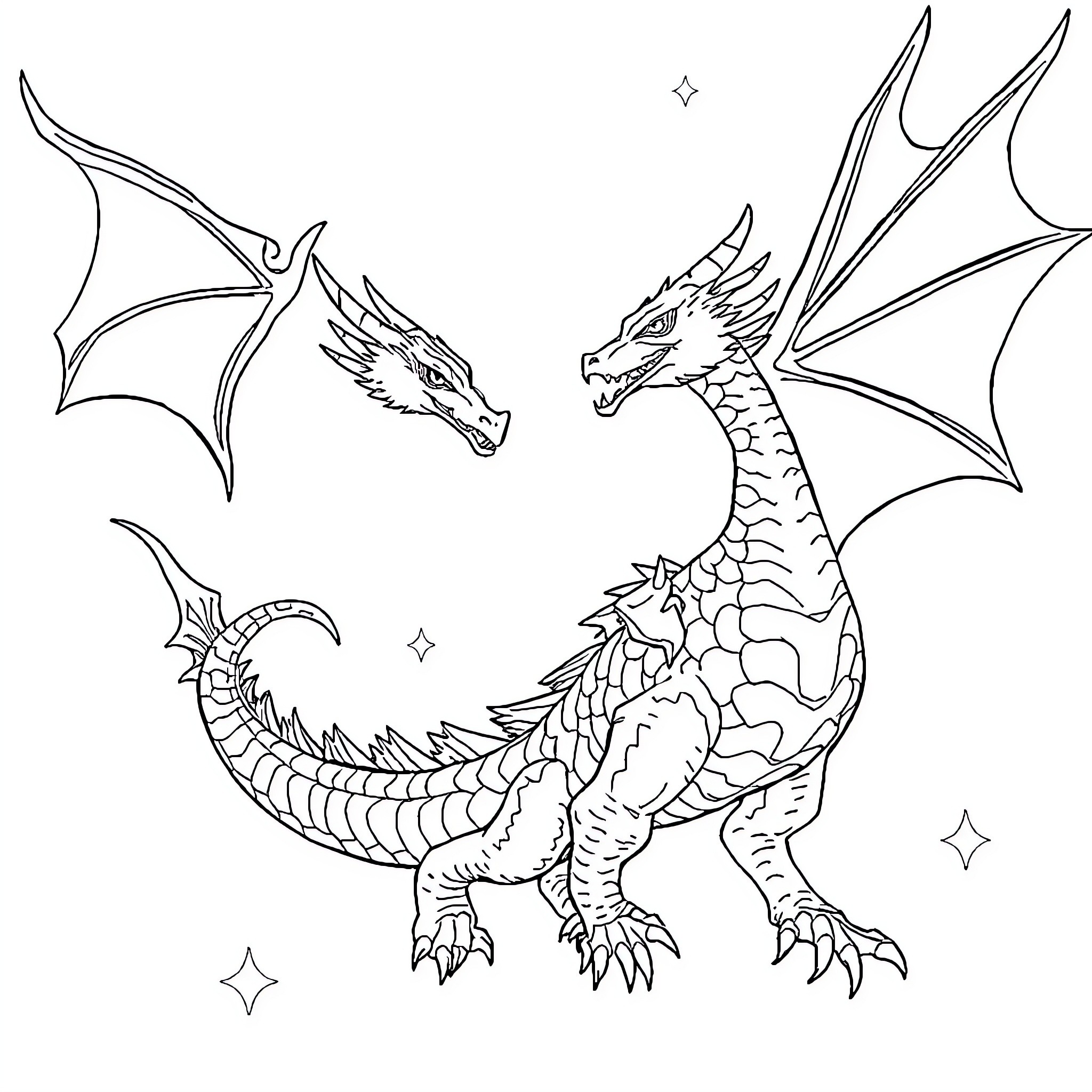 Dragon soaring with majestic wings in the night sky Coloring Page (free black-and-white line drawing printable PDF for all, from beginners to advanced learners, including children, teens, adults, and seniors)