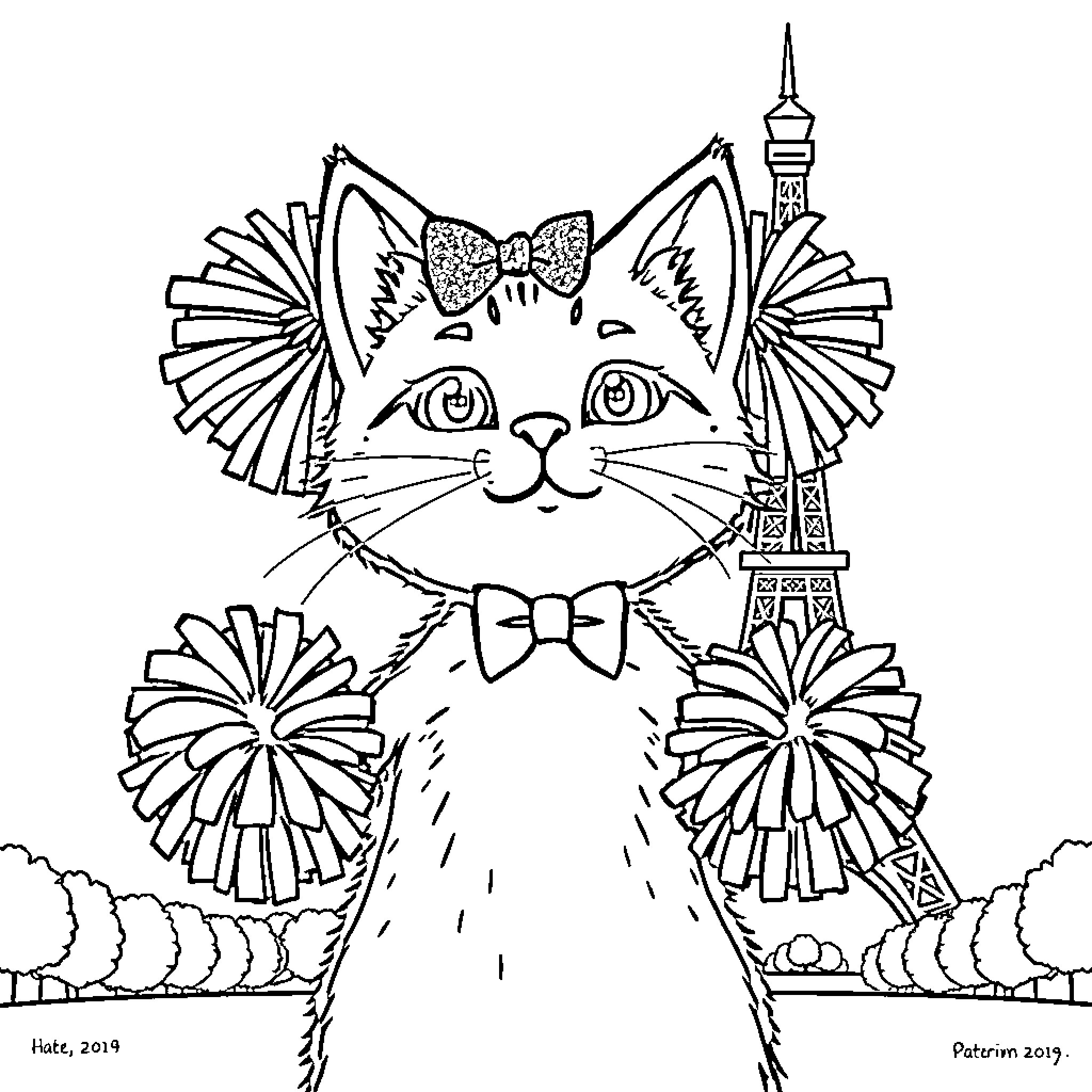Cat dressed up with bows and pom-poms near the Eiffel Tower Coloring Page (free black-and-white line drawing printable PDF for all, from beginners to advanced learners, including children, teens, adults, and seniors)
