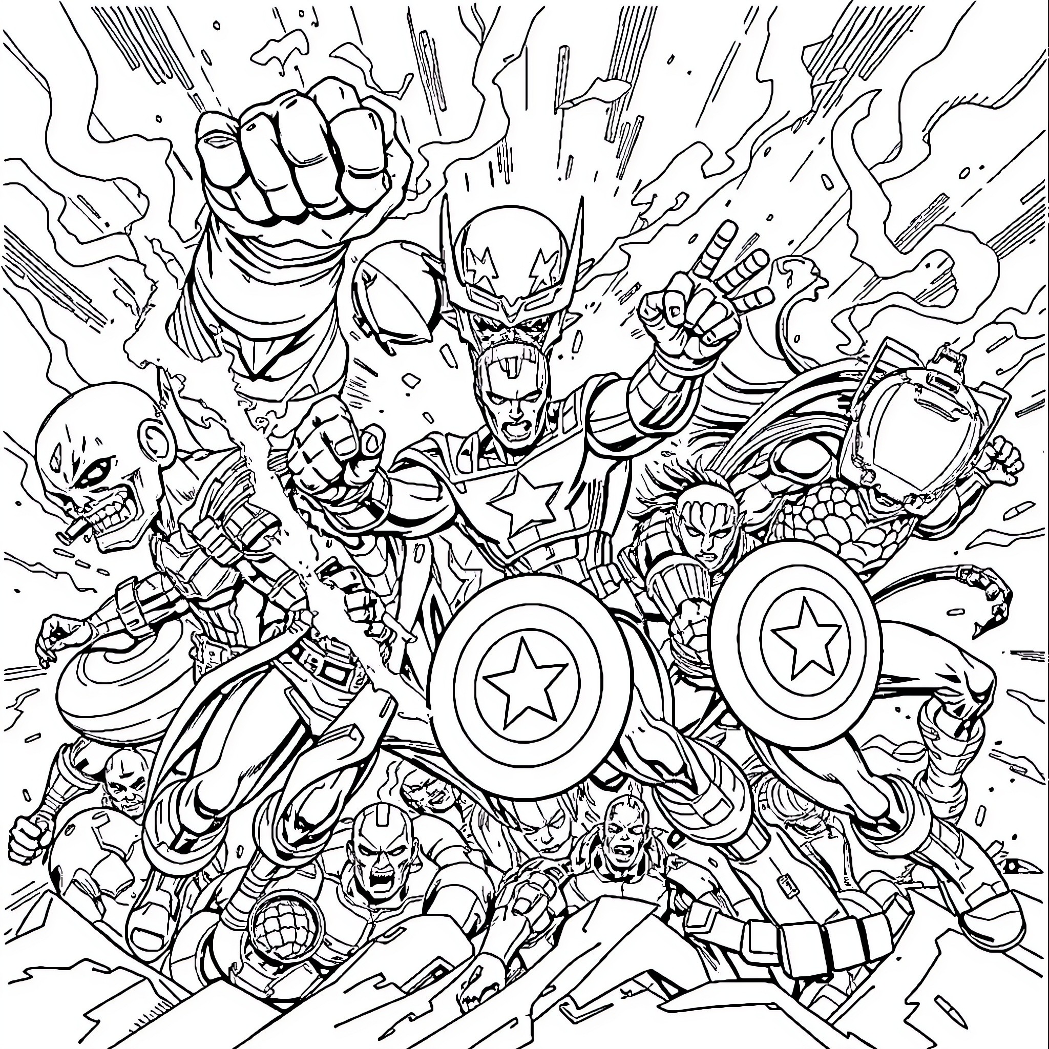 Avenger heroes in action-packed battle Coloring Page (free black-and-white line drawing printable PDF for all, from beginners to advanced learners, including children, teens, adults, and seniors)