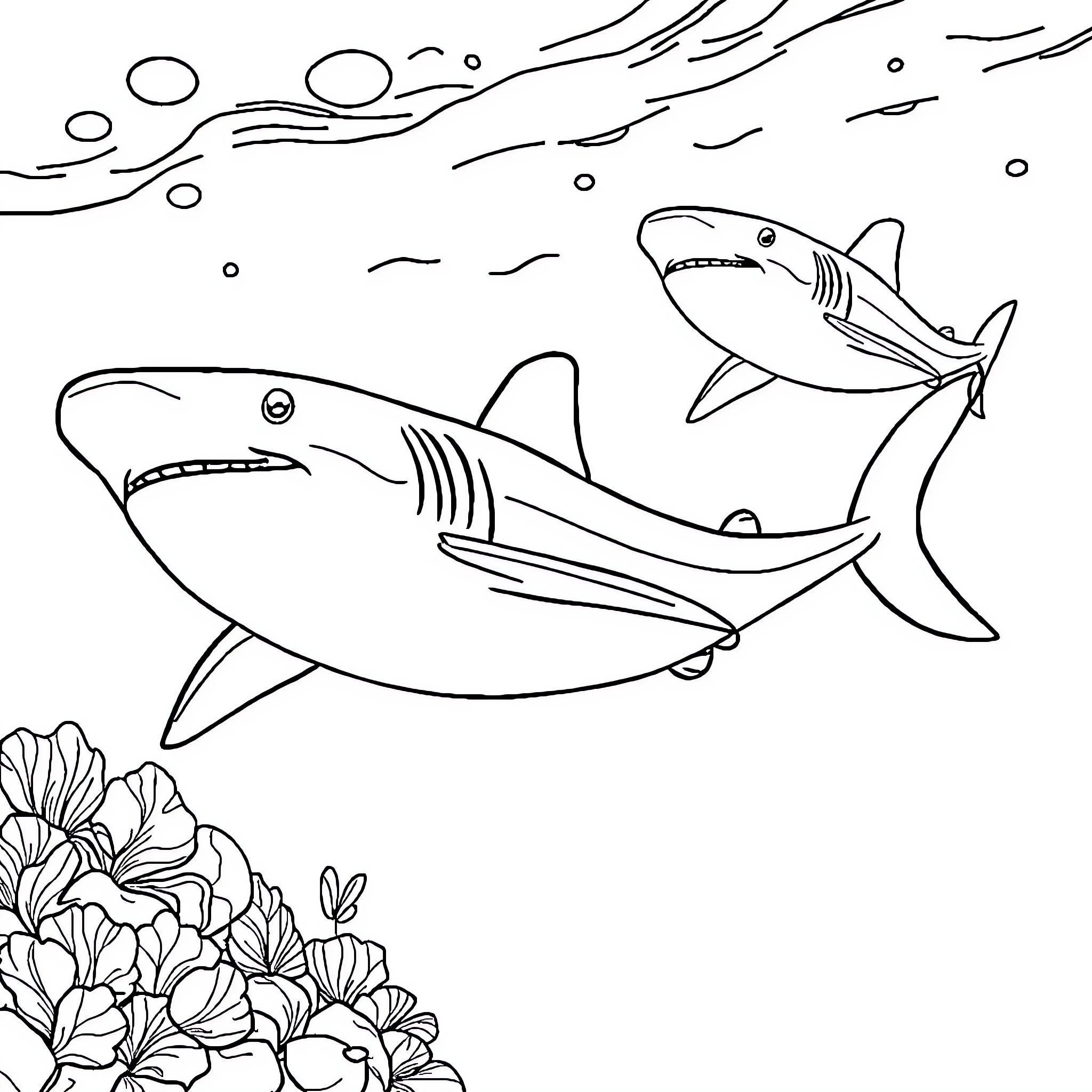 Shark swimming through underwater scene Coloring Page (free black-and-white line drawing printable PDF for all, from beginners to advanced learners, including children, teens, adults, and seniors)