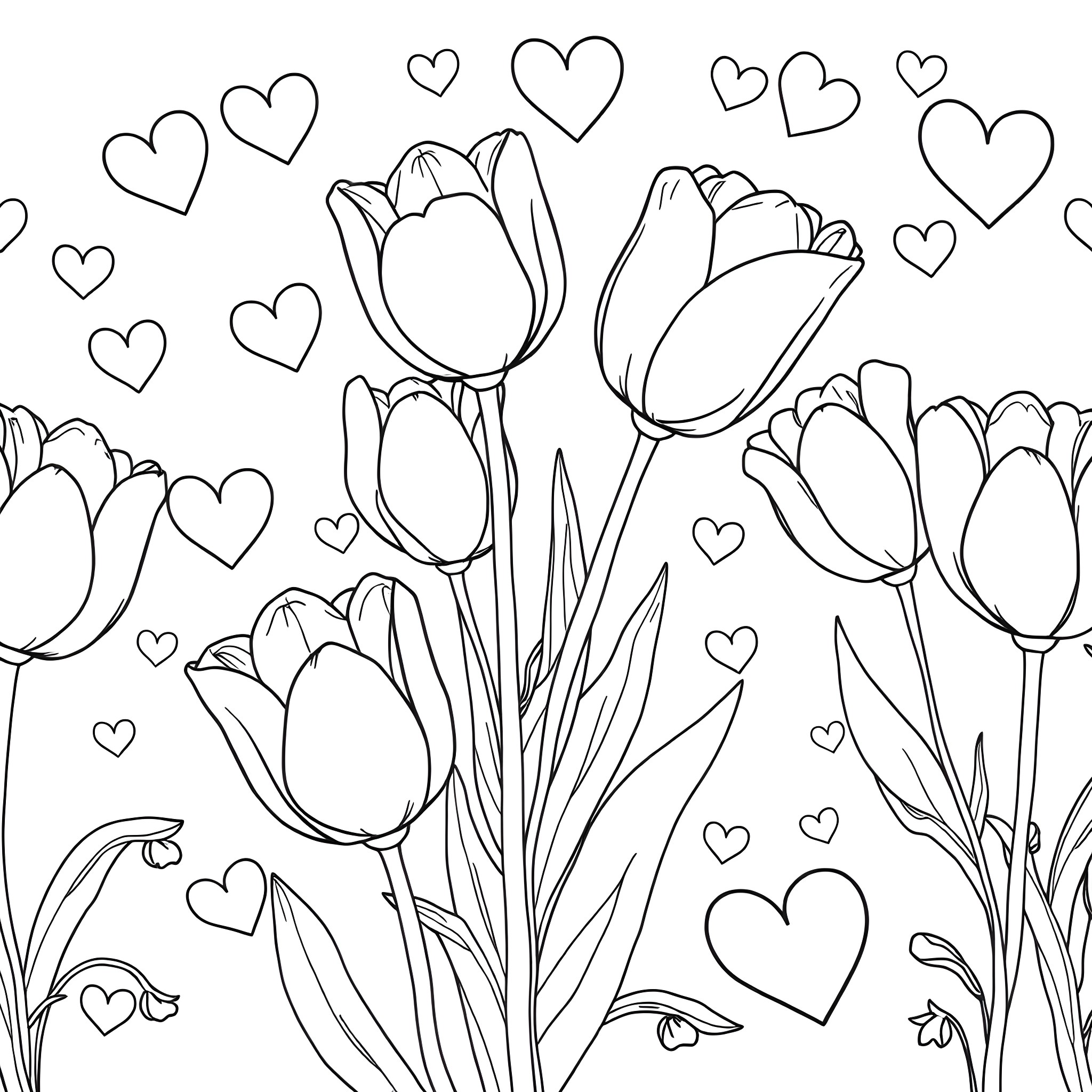 Tulip flowers and hearts in a nature scene Coloring Page (free black-and-white line drawing printable PDF for all, from beginners to advanced learners, including children, teens, adults, and seniors)