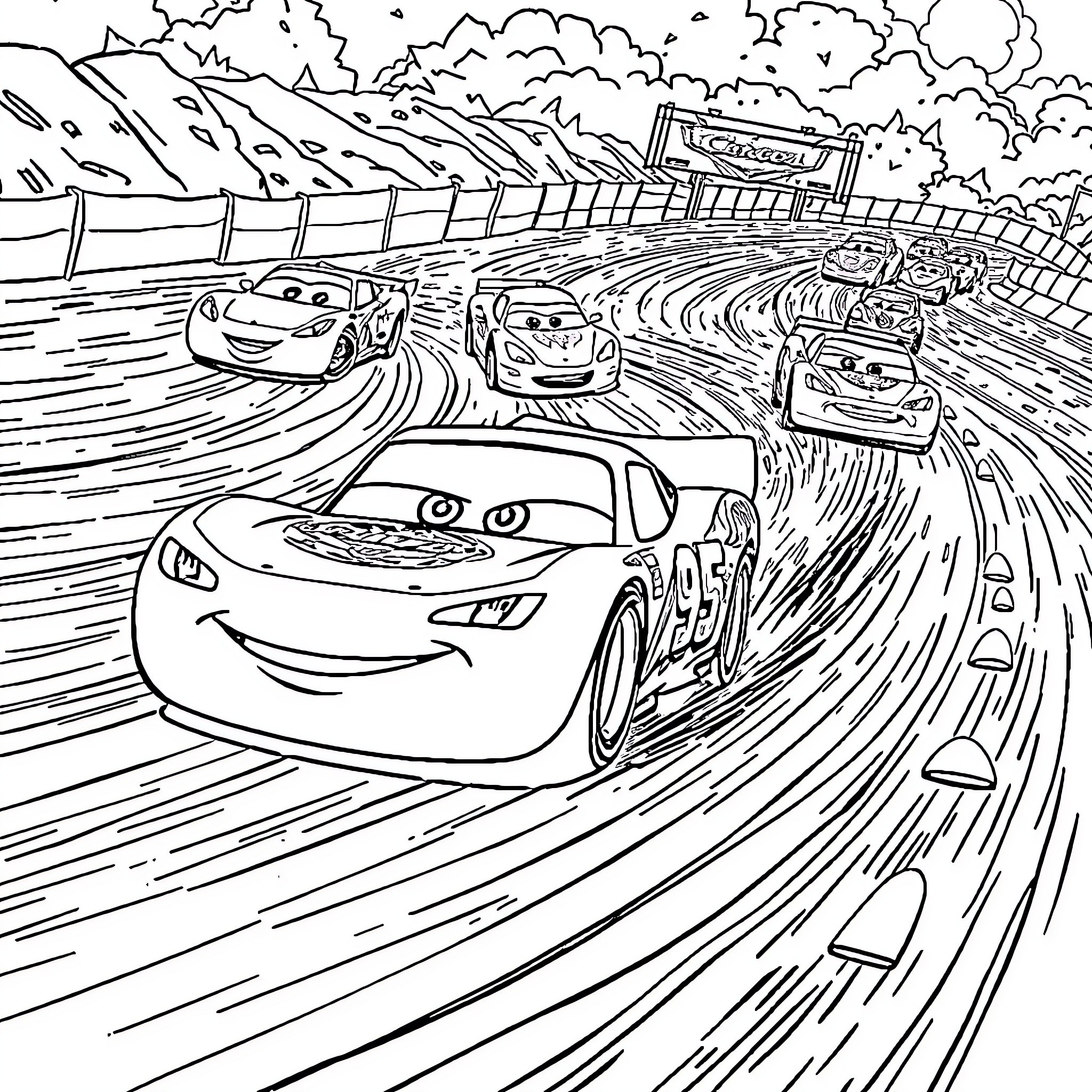 Lightning McQueen racing with friends on winding road Coloring Page (free black-and-white line drawing printable PDF for all, from beginners to advanced learners, including children, teens, adults, and seniors)