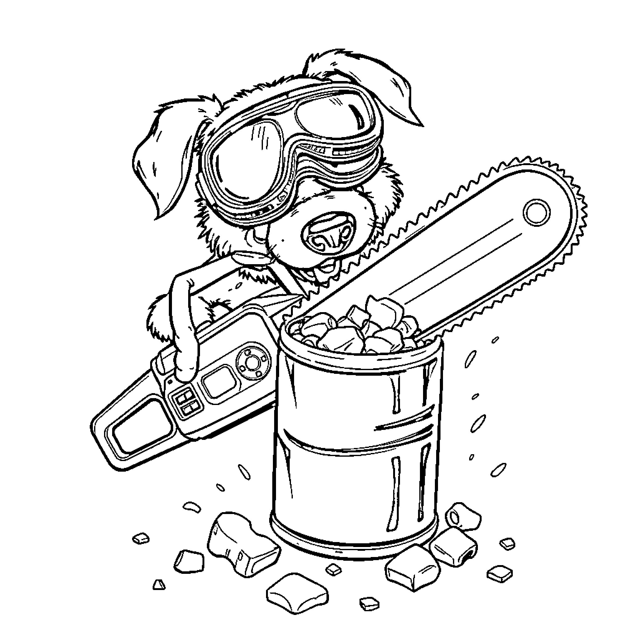 Dog operating chainsaw and digging in bucket Coloring Page (free black-and-white line drawing printable PDF for all, from beginners to advanced learners, including children, teens, adults, and seniors)